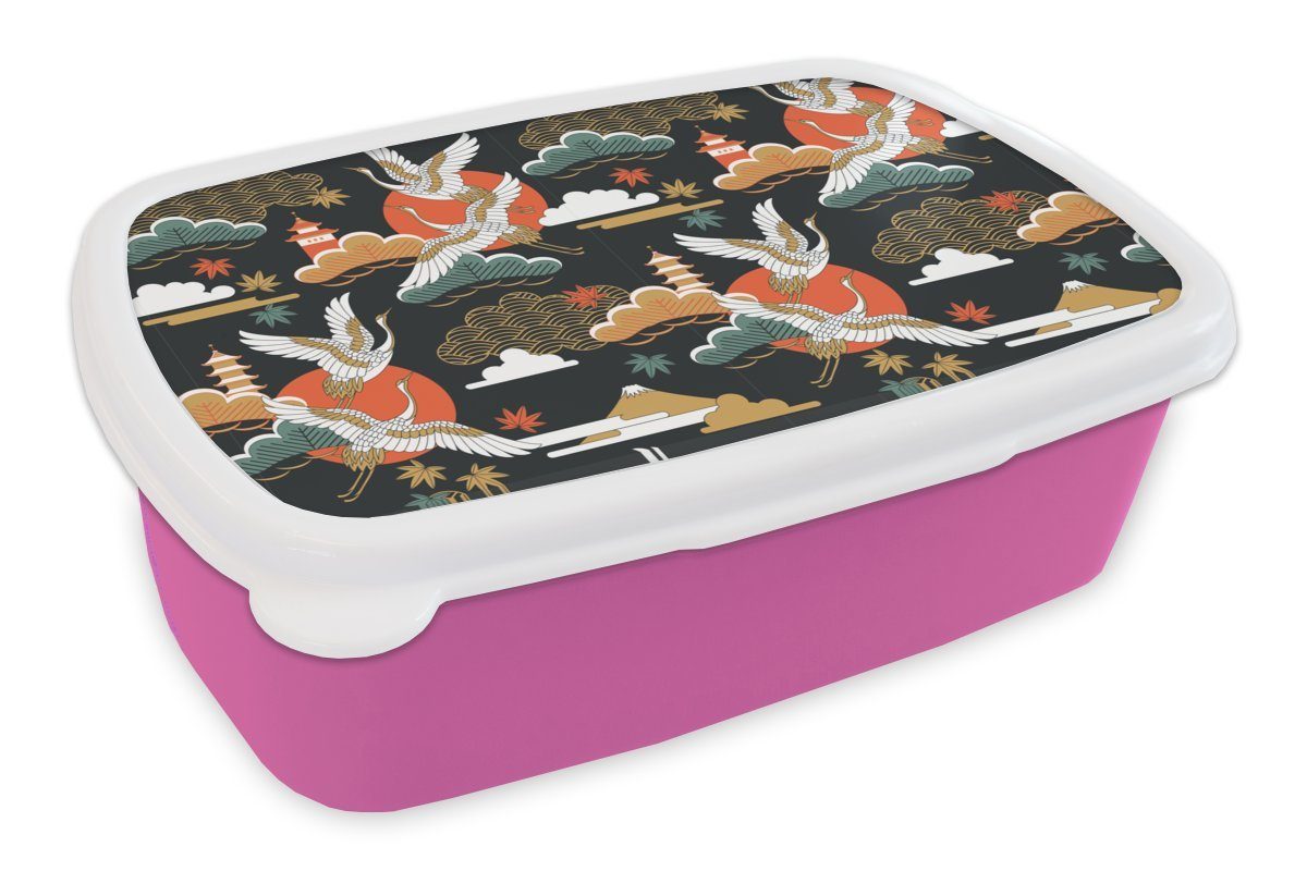 MuchoWow Lunchbox - Brotdose Kinder, rosa Brotbox Erwachsene, Kunststoff, (2-tlg), Snackbox, - Kunststoff Mädchen, für Wolken Muster, - Kranich Japan