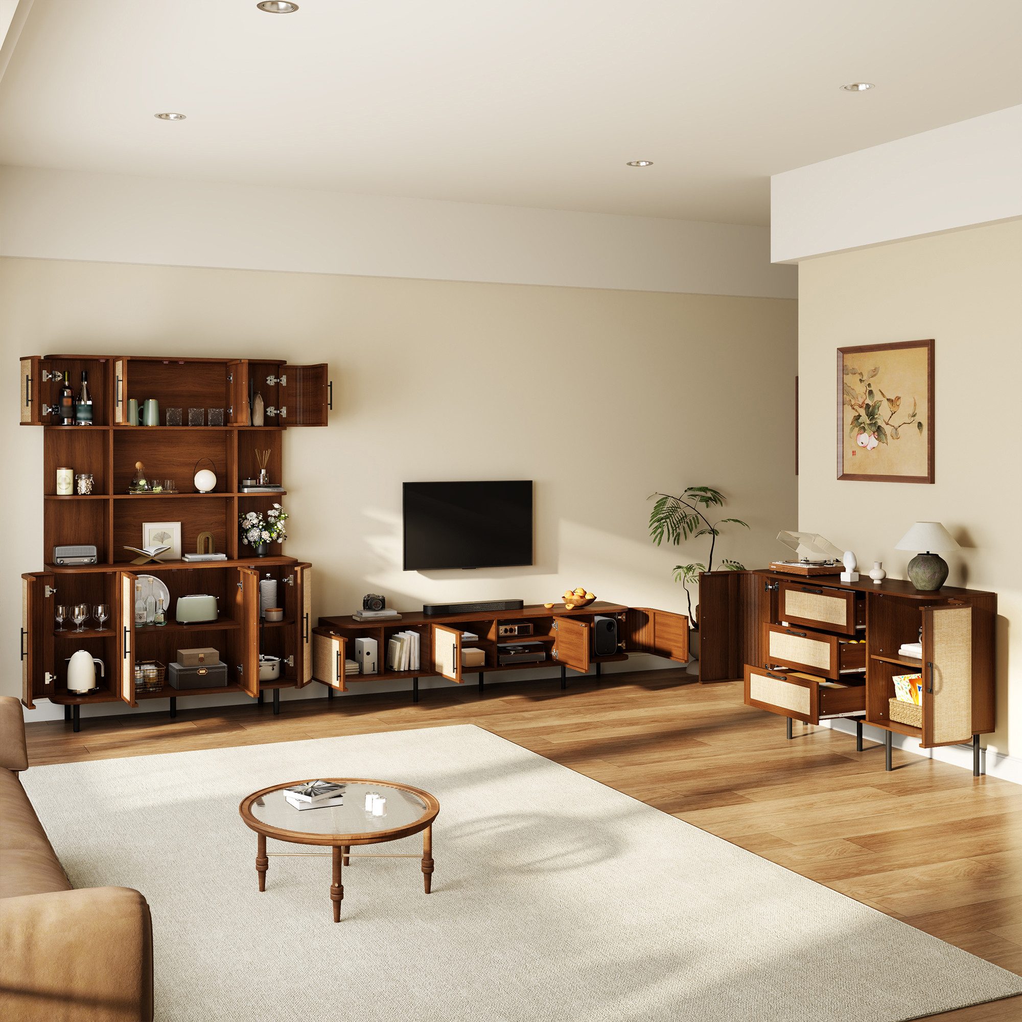 Merax Wohnzimmer-Set 3-teilig Esszimmer Möbel Set mit TV Lowboard, Sideboard & Hochschrank, (3-St), Wohnzimmerset mit Geflechtfront, schwarzen Griffen, Metallfüßen