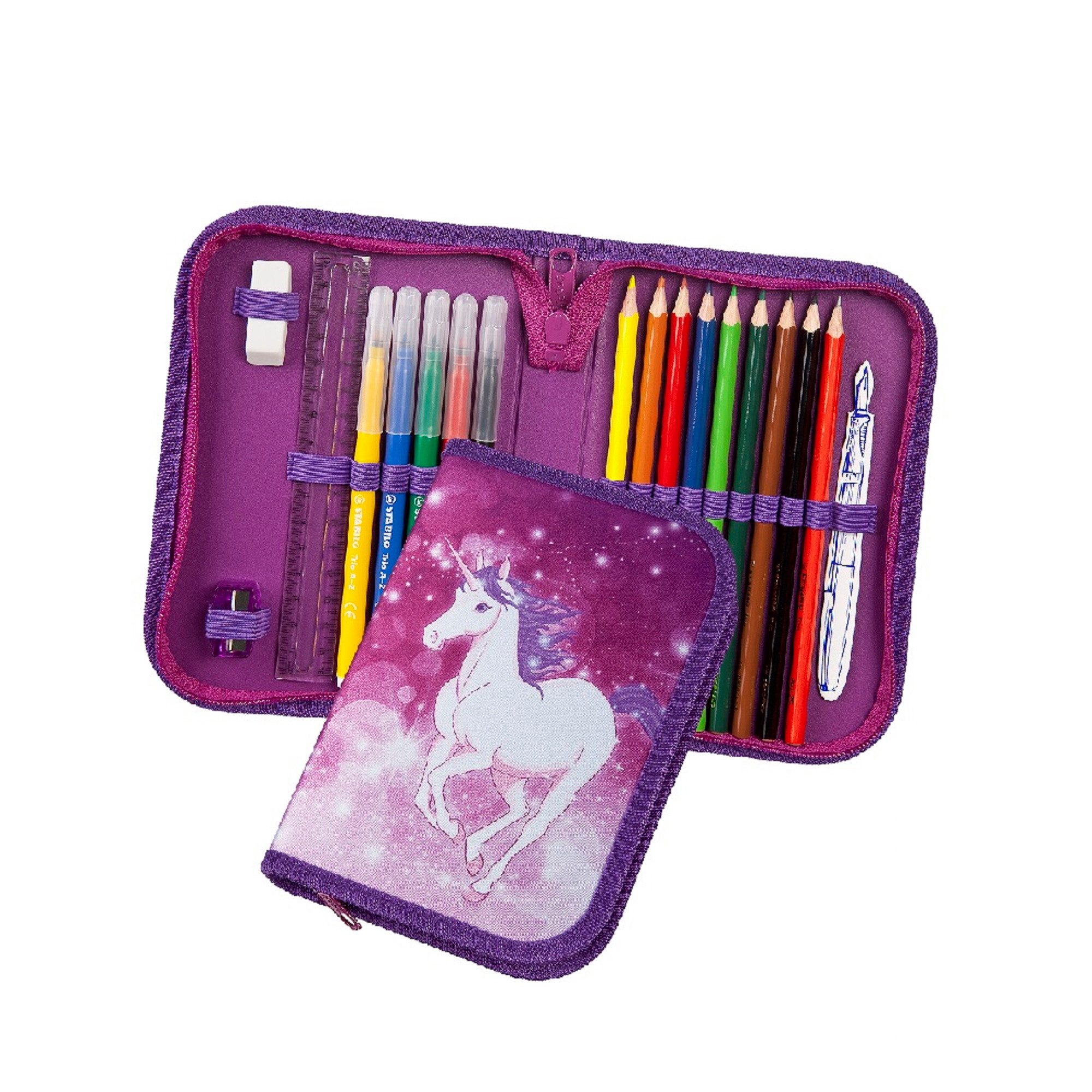 Familando Federmäppchen (gefüllt) für Mädchen mit Einhorn Motiv, (4-teiliges Set), Federmappe gefüllt mit Stiften von Eberhard Faber