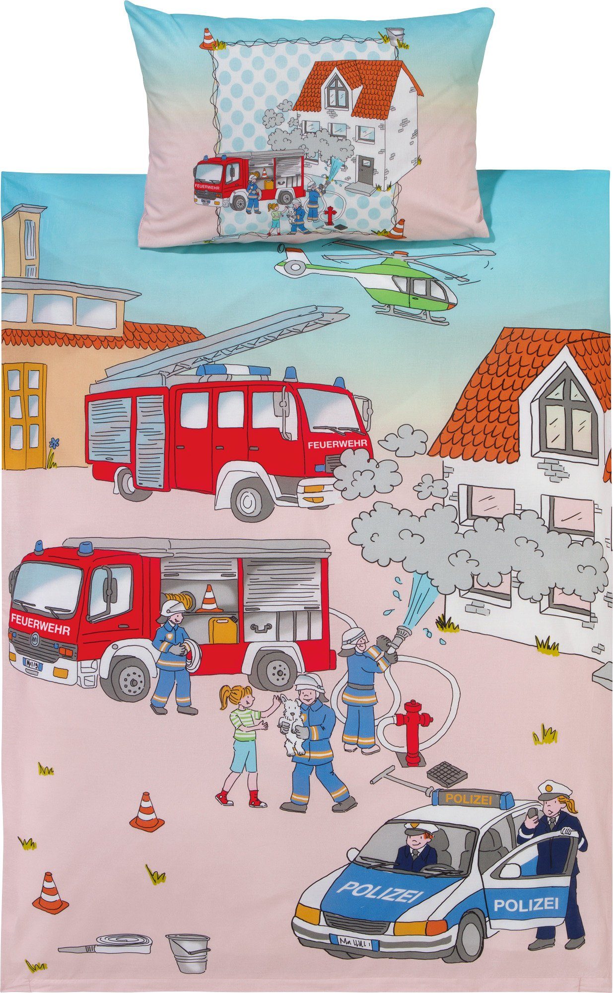 Kinderbettwäsche Kinder-Bettwäsche "Polizei & Feuerwehr", Erwin Müller, Biber, 2 teilig, Flanell Motiv