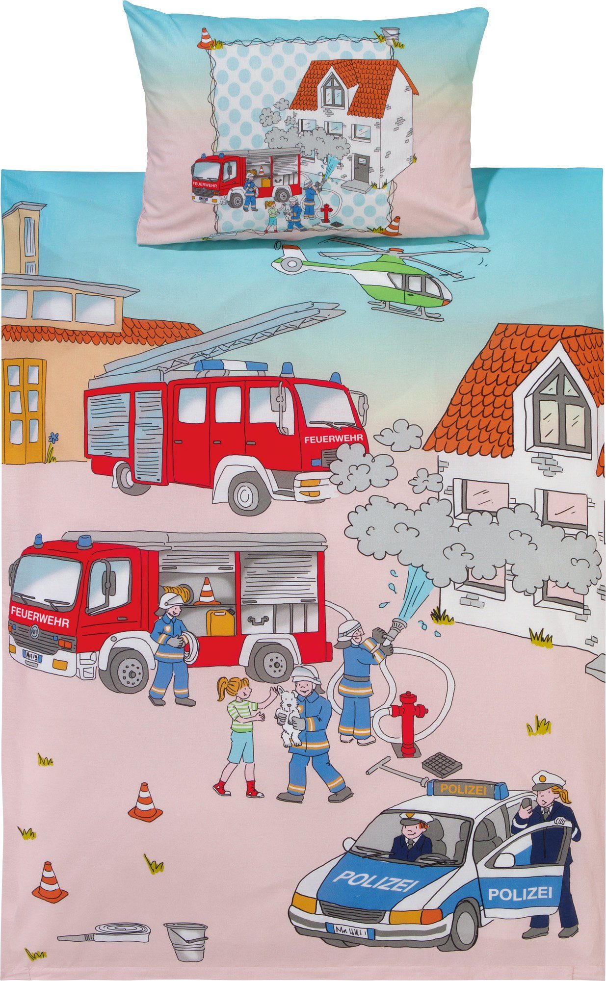 Erwin Müller Kinderbettwäsche Kinder-Bettwäsche "Polizei & Feuerwehr", Baumwolle, Edelflanell Motiv: Feuerwehr, Polizei