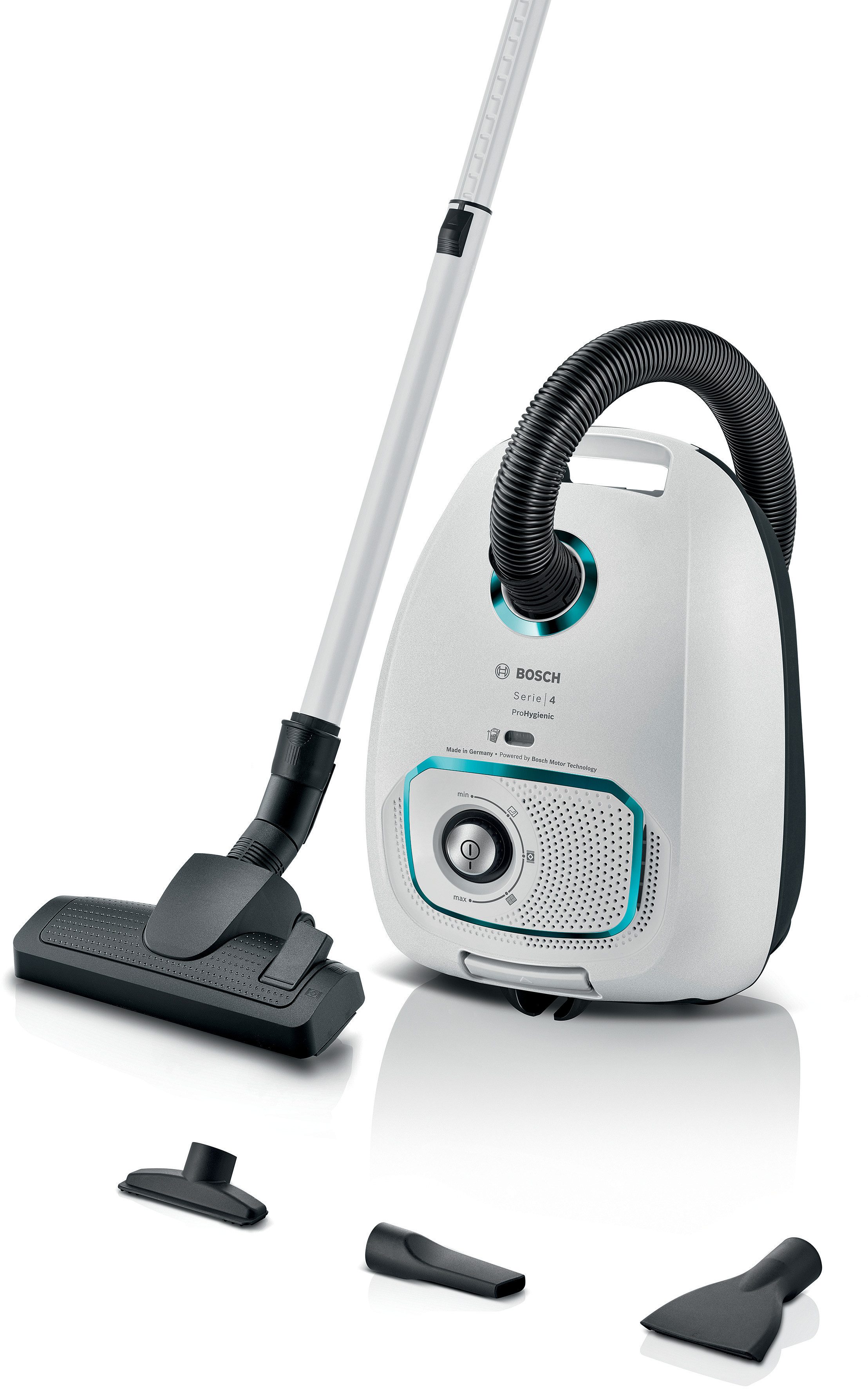 BOSCH Bodenstaubsauger Serie 4 ProHygienic BGD41HYG, ideal für Allergiker, Hygiene-Filter, 600 W, mit Beutel, 10 Jahre Motorgarantie, integriertes Zubehör, langes Kabel, weiß