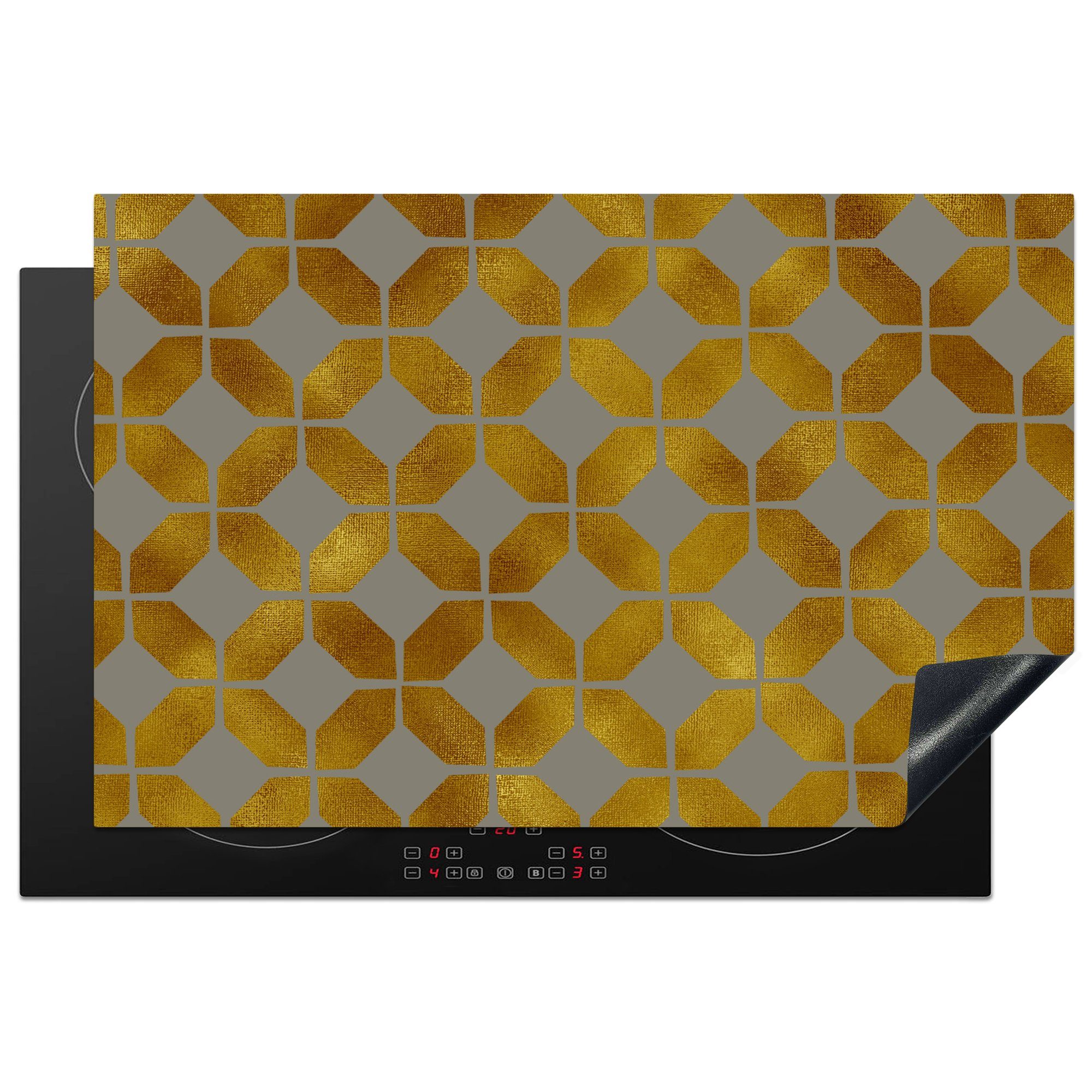 MuchoWow Herdblende-/Abdeckplatte Muster - Gold - Figur - Grau, Vinyl, (1 tlg), 81x52 cm, Induktionskochfeld Schutz für die küche, Ceranfeldabdeckung