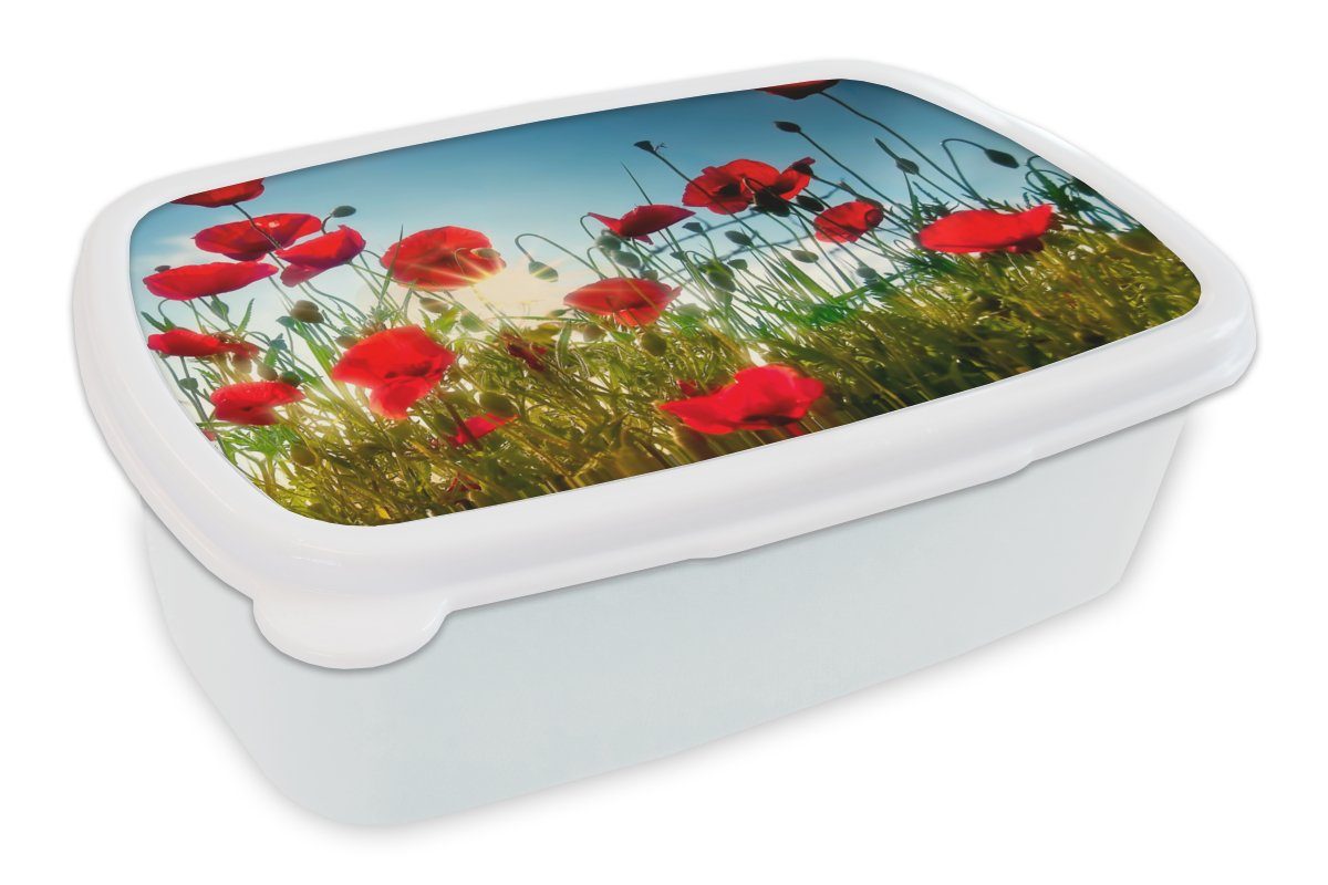 MuchoWow Lunchbox Mohnblumen - Toskana - Sonne - Rot - Blau, Kunststoff, (2-tlg), Brotbox für Kinder und Erwachsene, Brotdose, für Jungs und Mädchen weiß