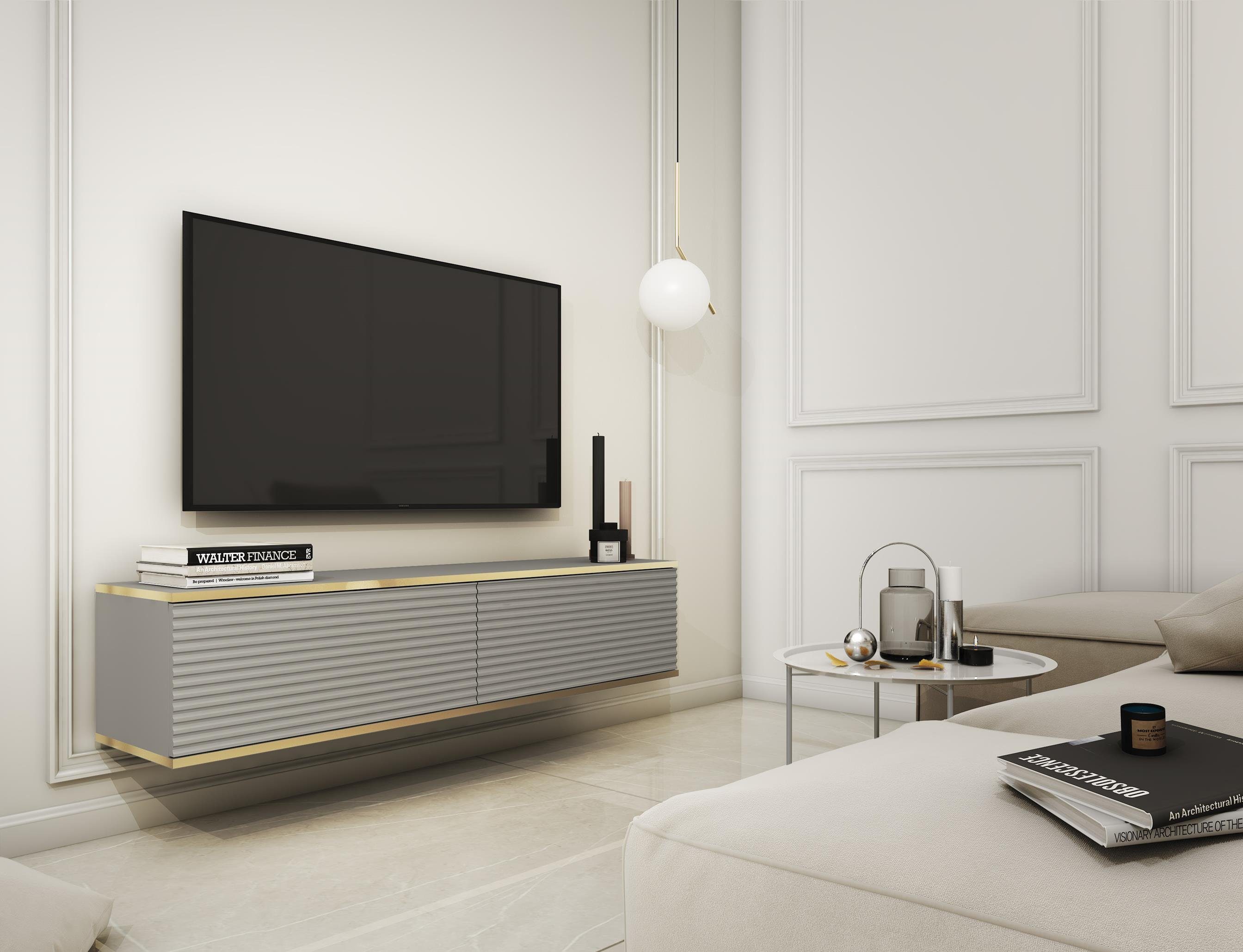 Furnix TV-Schrank LIWIA 135 MDF Fernsehschrank mit Zierleisten und Türen B135 x H30 x T32 cm Grau/Gold