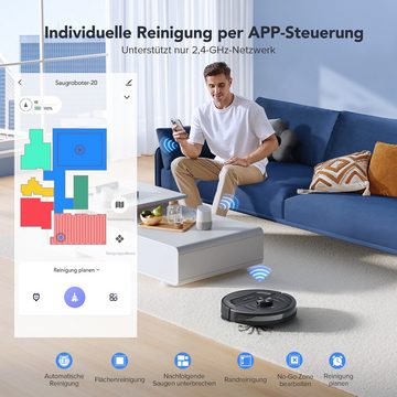 oyajia Nass-Trocken-Saugroboter L20 LDS LiDAR Lasernavigation mit Wischfunktion 5500Pa, 40,00 W, 20 No-Go-Zonen +10 virtuelle Wände, mit 5 Karten,120Mins Max, TOF-Randreinigungssensor / Selbstaufladend / Hinderniserkennung