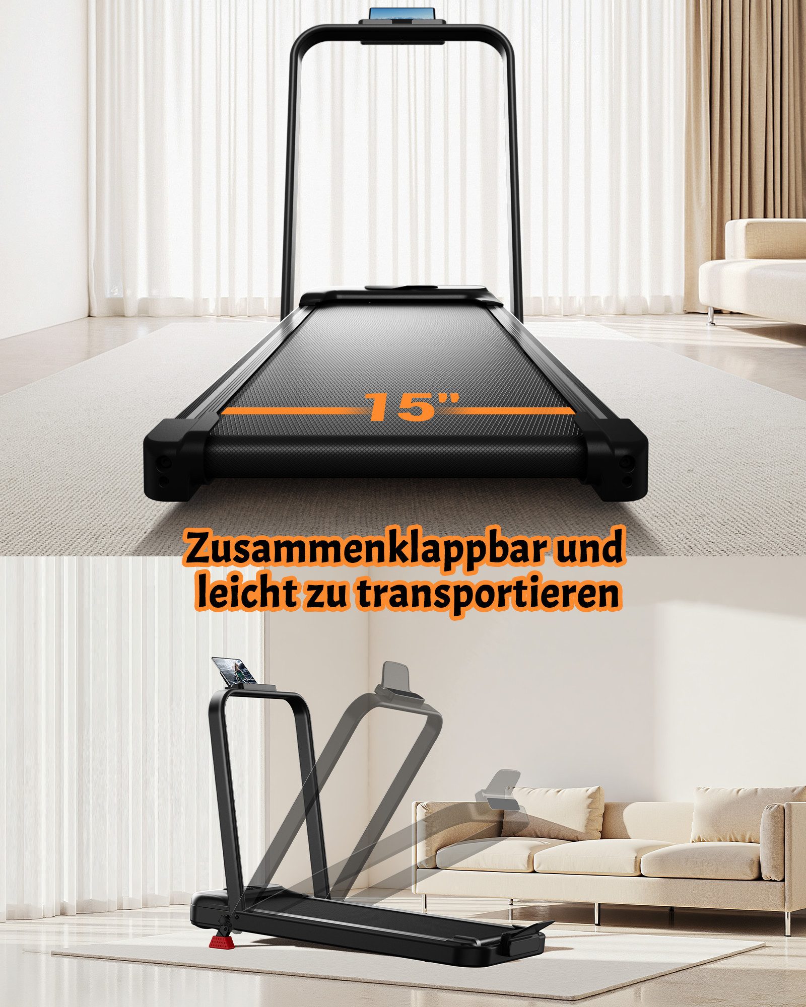 BAYMATE Laufband 15 % klappbares Laufband, 6-in-1-Kipplaufband (mit Bürstenlosem Motor, Walking Pad mit Steigung max. Belastung 136 kg)