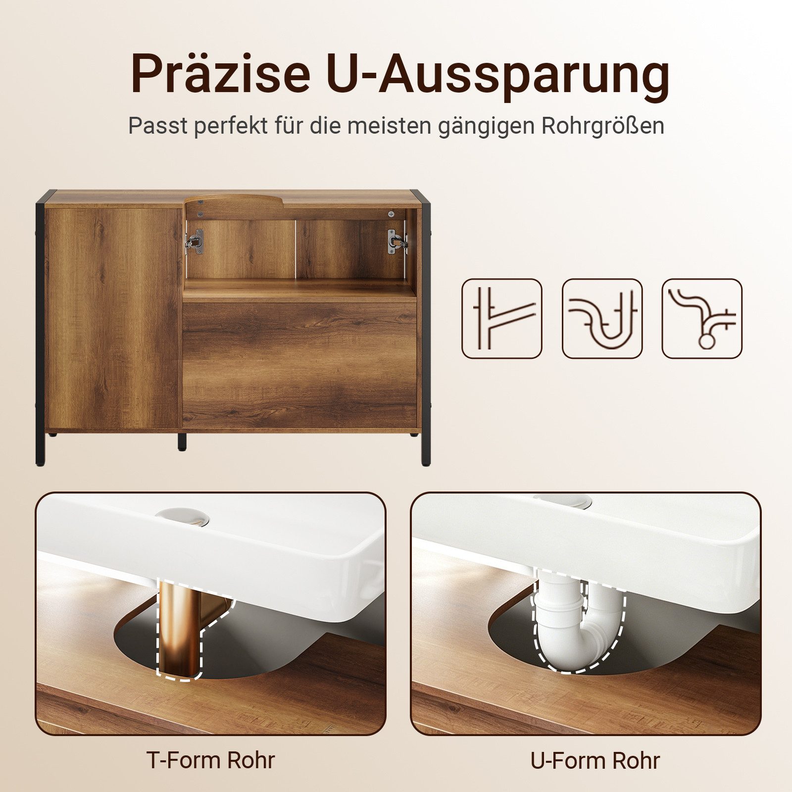 SoBuy Waschbeckenunterschrank BZR63, Waschtischunterschrank Badezimmer Unterschrank mit U-Aussparung extra lang, Breite 90cm, offene Fächer, höhenverstellbare Ablagen