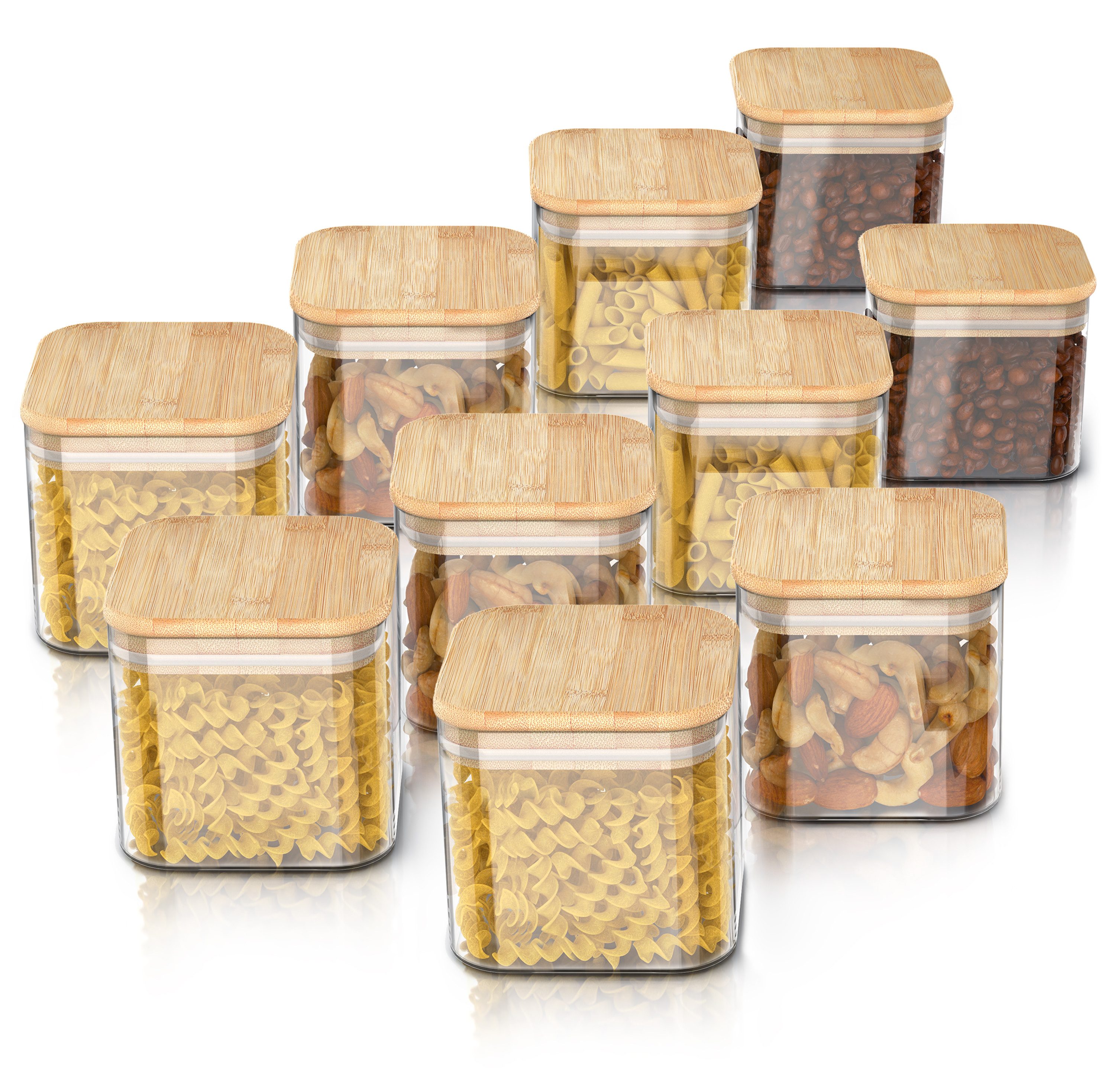 Arendo Aufbewahrungsbecher Glasbehälter-Set 10x 0,8 L Borosilikatglas mit Bambusdeckel, luftdicht, Borosilikatglas, Bambus, Silikon, (Vorratsbehälter-Set, 10-tlg., 10er Set), Hitzebeständig, umweltfreundlich, langlebig, mikrowellengeeignet