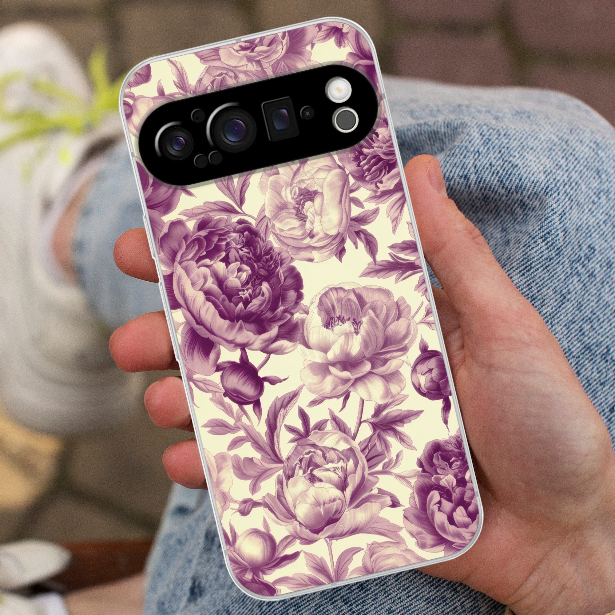 MuchoWow Handyhülle für Google Pixel 9 Pro Blumen - Muster - Lila - Beige, Phone Case, Silikon, Schutzhülle Dünn