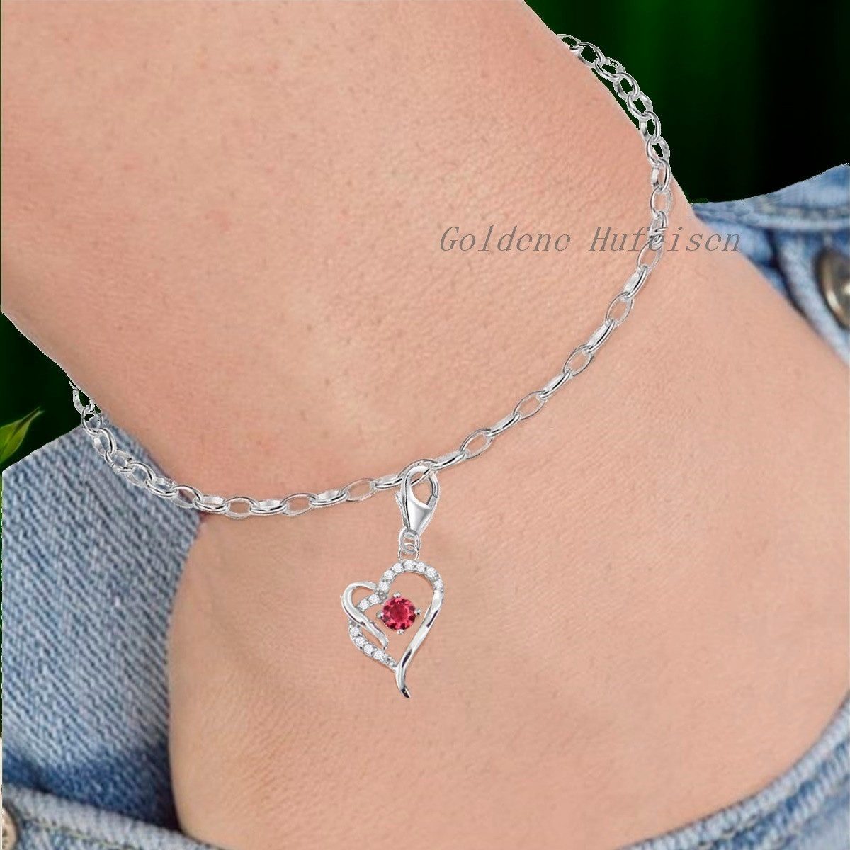 Goldene Hufeisen Charm Herz Ein Hauch von Liebe Rubin Zirkonia Herz Anhänger, 16823, 925 Sterling Silber Silberschmuck für Armband, mit Zirkonia