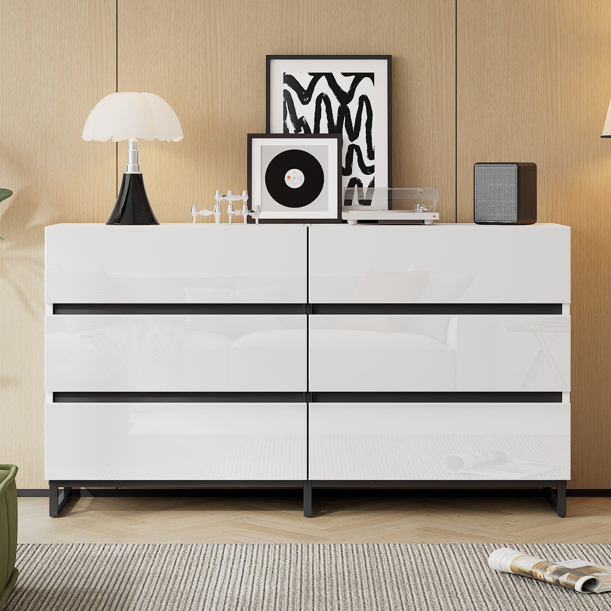 Merax Sideboard hochglanz Wohnzimmerschrank in Weiß-Schwarz (1 St., Anrichte Buffetschrank), Kommode mit 6 Schubladen, Metallbeine & Stauraum, 140x39,5x78,5cm – Bild 3 von 5