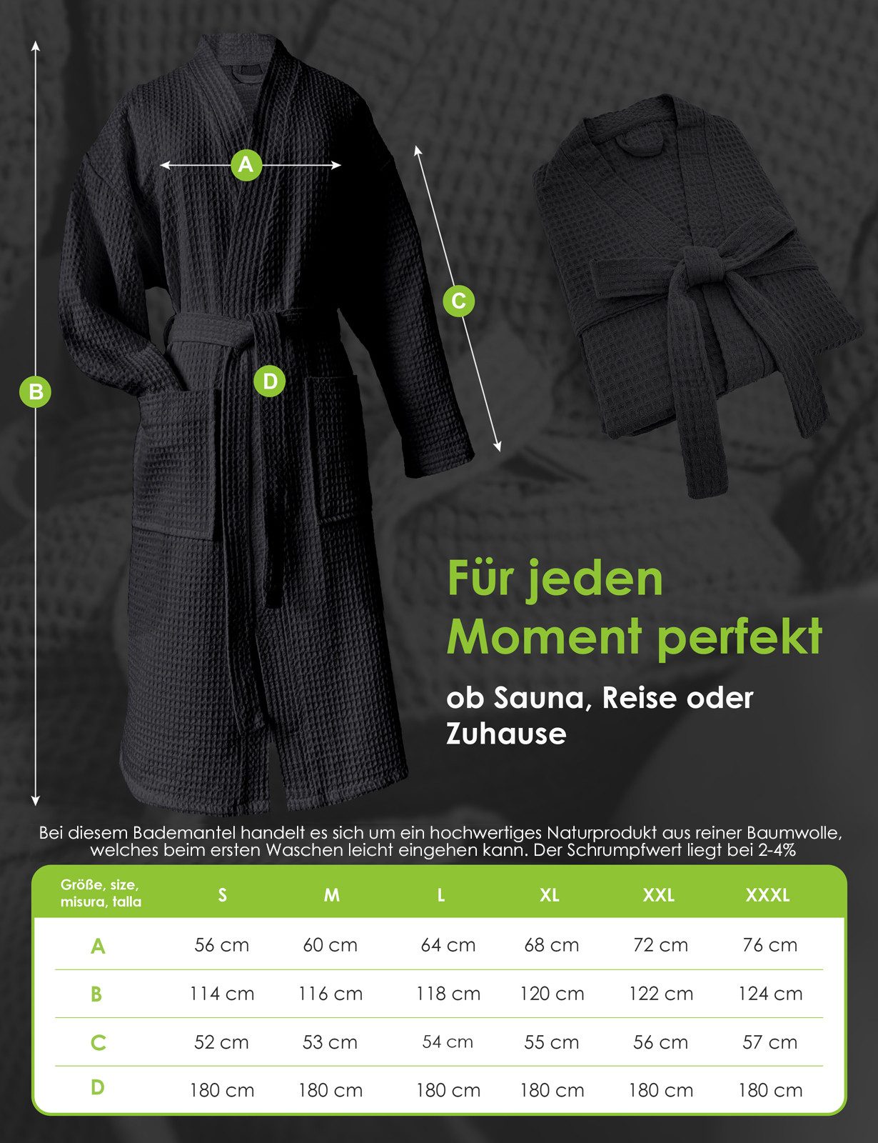 heimtexland Bademantel Reisebademantel Saunamantel Waffelpique Morgenmantel, Midilänge, Baumwolle, 2 Taschen I Bindegürtel, Gürtel, leicht I atmungsaktiv I kleines Packmaß I 100% Baumwolle