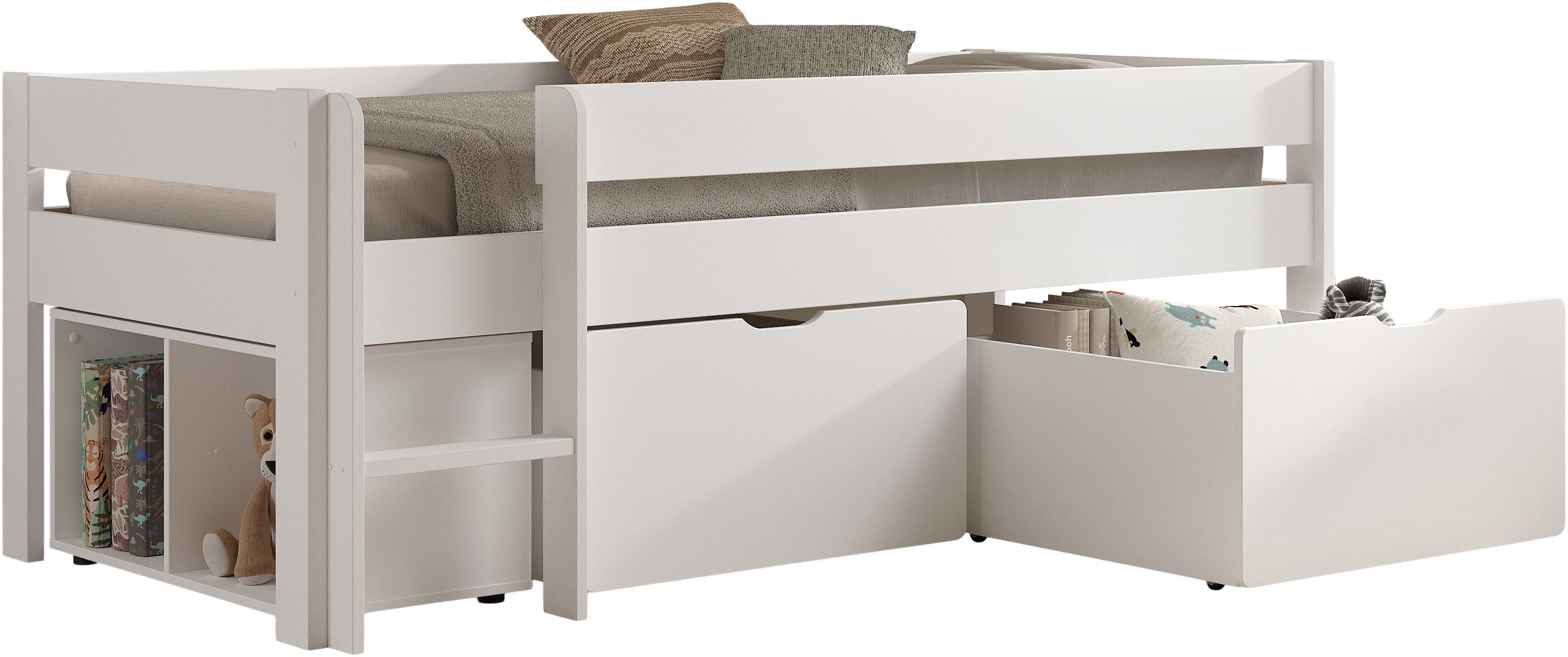 Vipack Stauraumbett Primo, mit Absturzschutz, niedriger Bauhöhe ideal unter Dachschrägen (unter dem Bett 1 geräumiges Regal und 2 Rollboxen als Strauraum), Kiefer weiß, inkl. Rolllattenrost, Leiter rechts / links montierbar