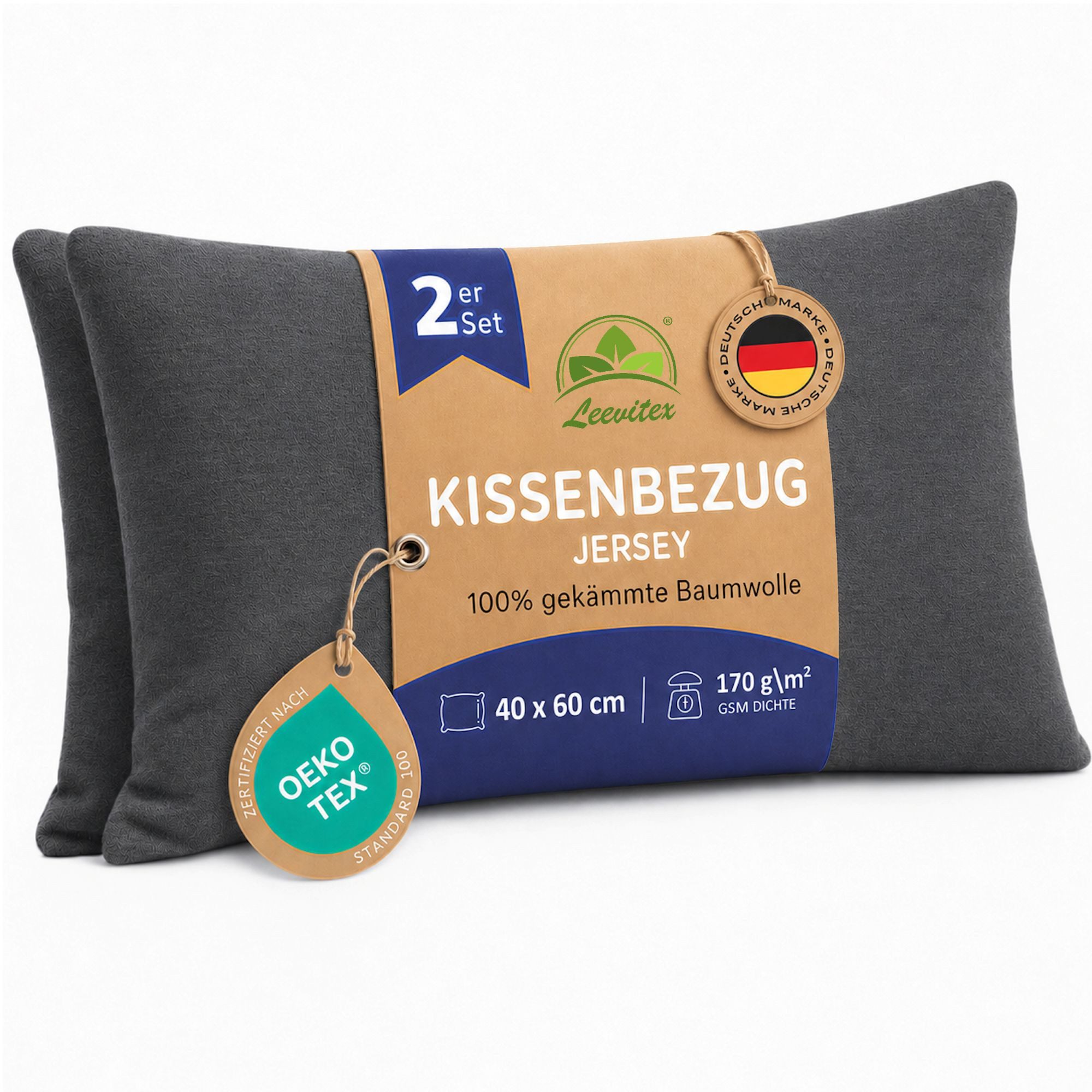 leevitex® Kissenbezüge leevitex Kissenbezug 40 x 60 cm, 2er Set, Anthrazit/Grau, (2 Stück), feine Jersey-Qualität, 100% Baumwolle, robuster Reißverschluss