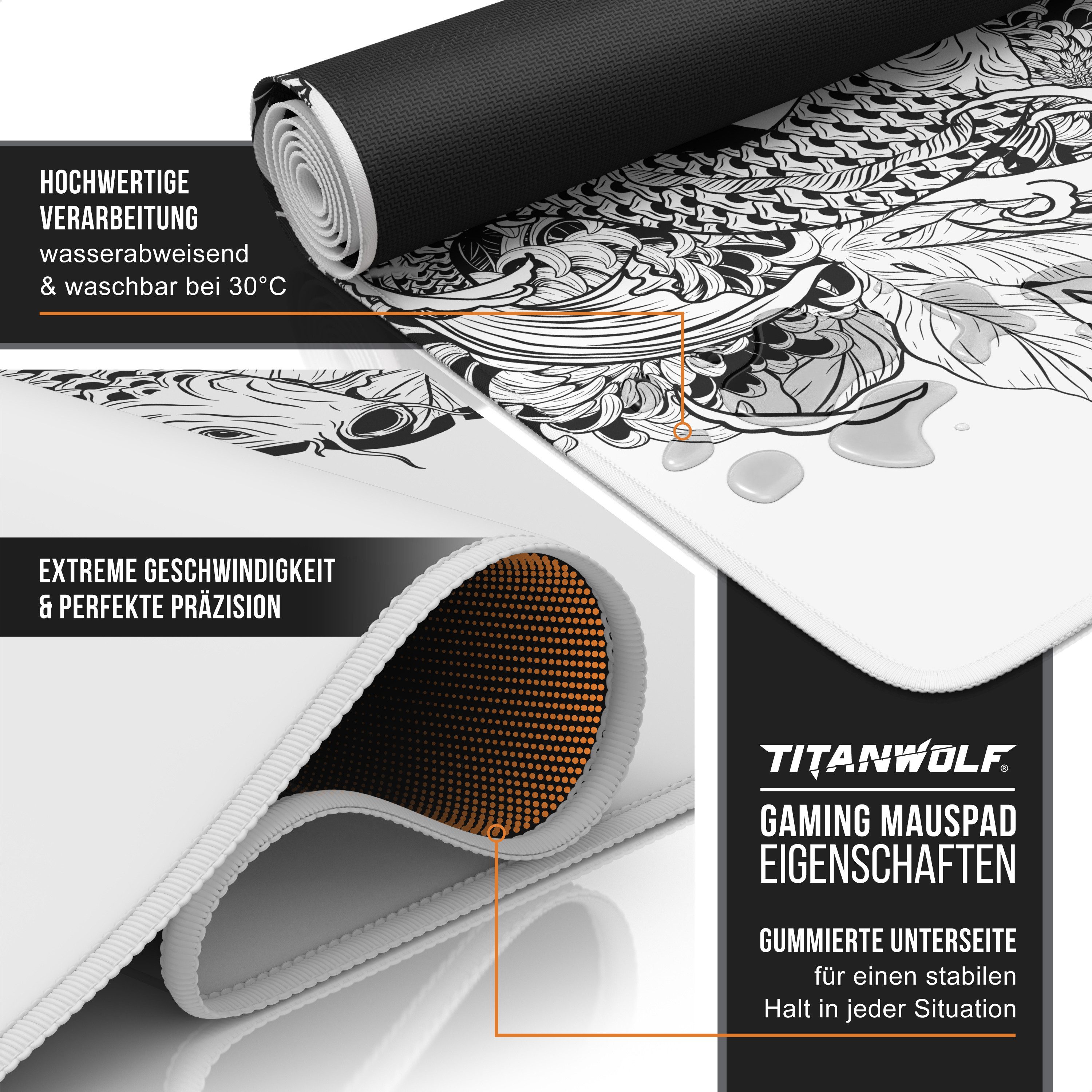 Titanwolf Gaming Mauspad XXL Speed Mousepad 900 x 400 x 3 mm, Schreibtischauflage, abwaschbar, rutschfeste Rückseite, Geschwindigkeit & Präzision, Koi Tattoo 3 White