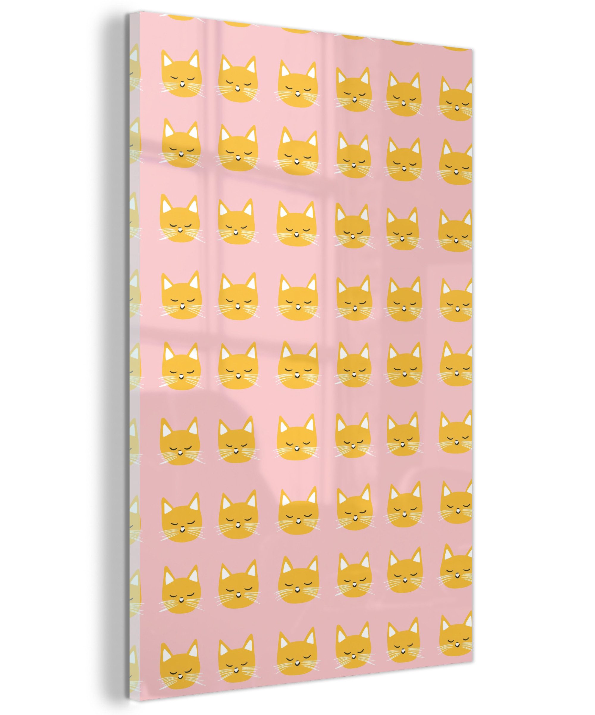 MuchoWow Acrylglasbild Katzen - Muster - Rosa, Inkl. Aufhängung, Dekoration Wohnzimmer auf Glas, Wand Bilder Deko XXL, 80x120 cm