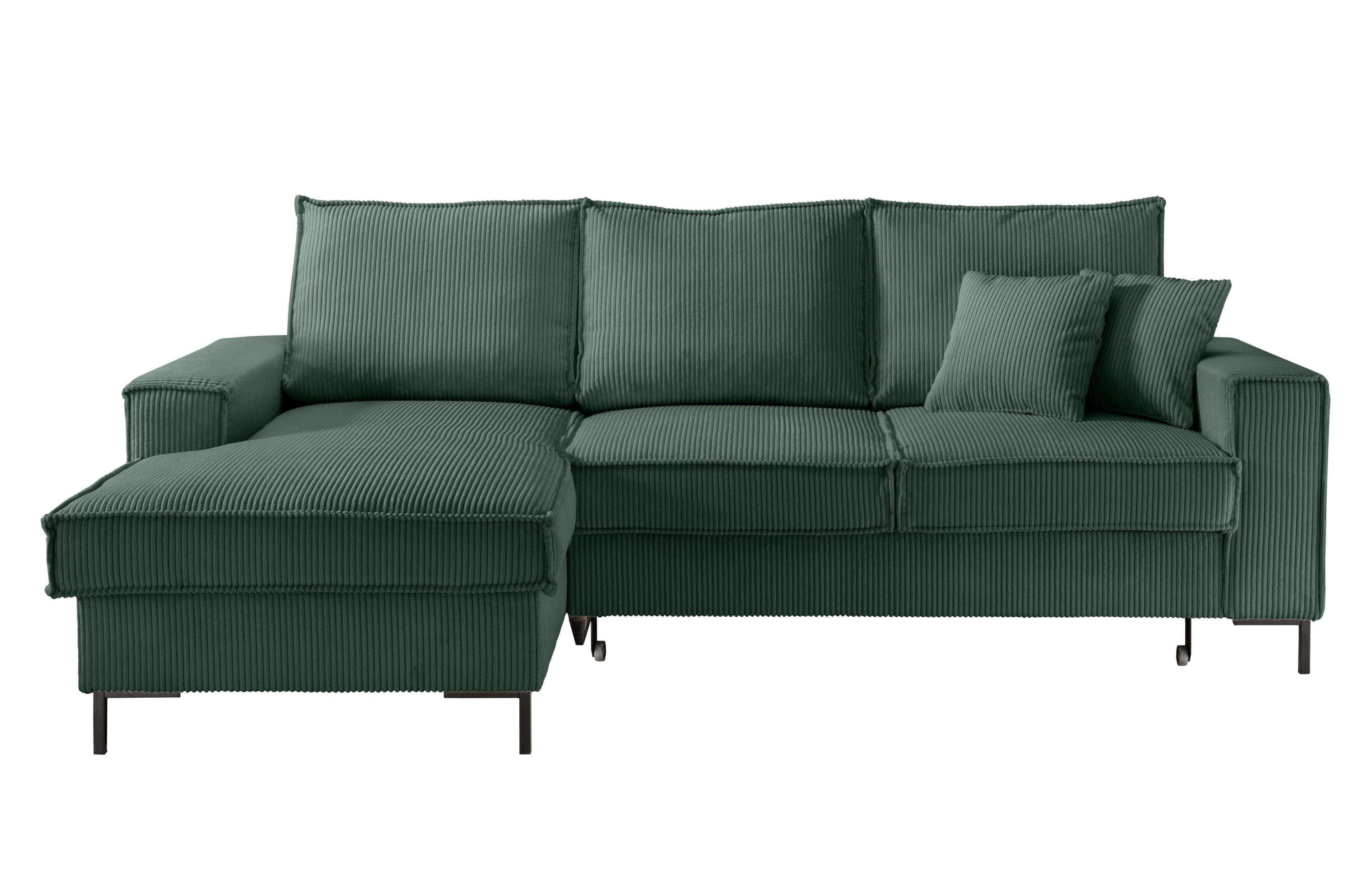 luma-home Ecksofa 17224, mit Bettfunktion und Bettkasten B240/T150/H92 cm, Liegefläche 125x198 cm, Wellenunterfederung, Récamiere links, Cord-Bezug in Grün