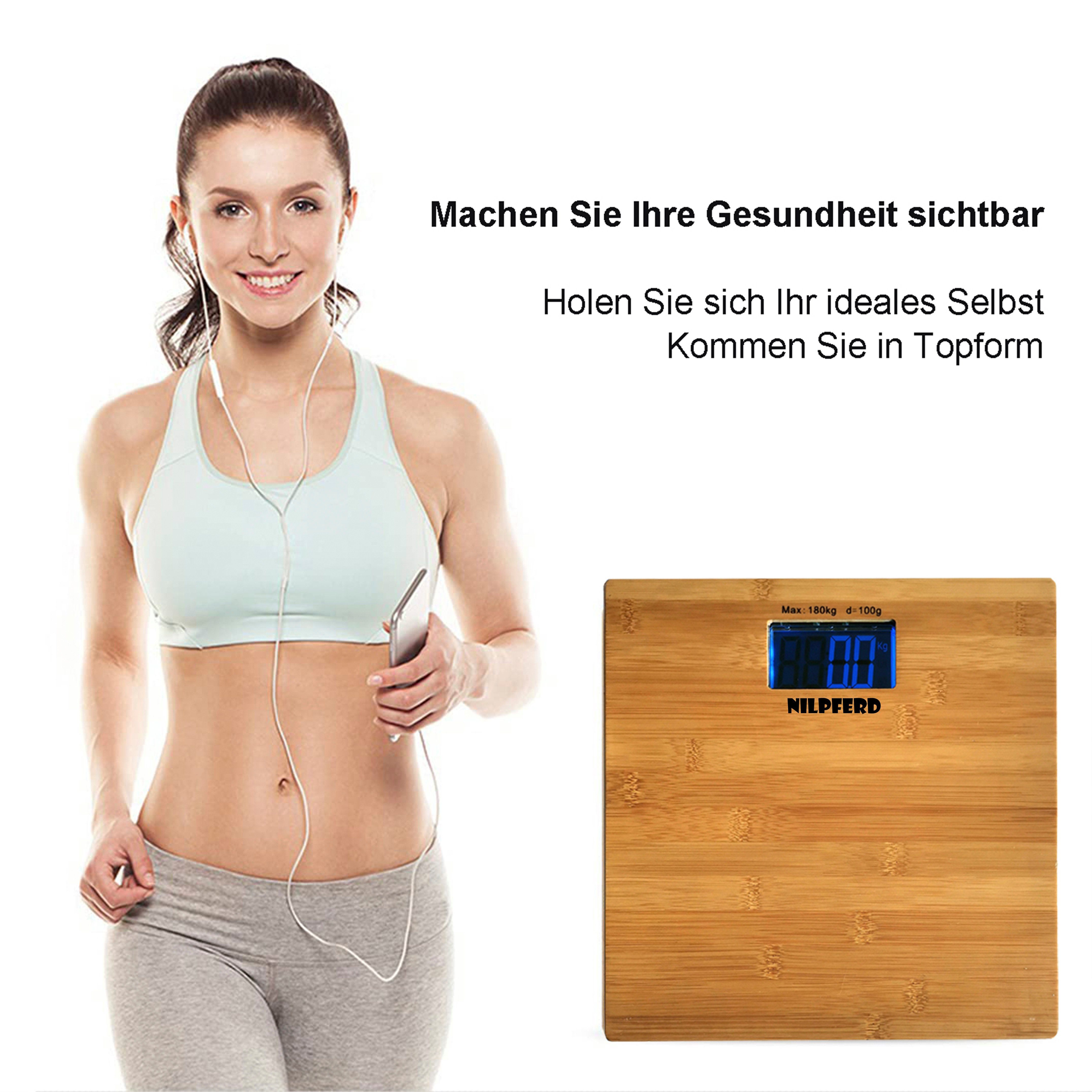 Zedelmaier Personenwaage Personenwaage aus echtem Bambus Badezimmerwaage Badwaage 180kg, D=100g, 30x30cm Trittflaeche, Personenwaage Umweltfreundlich