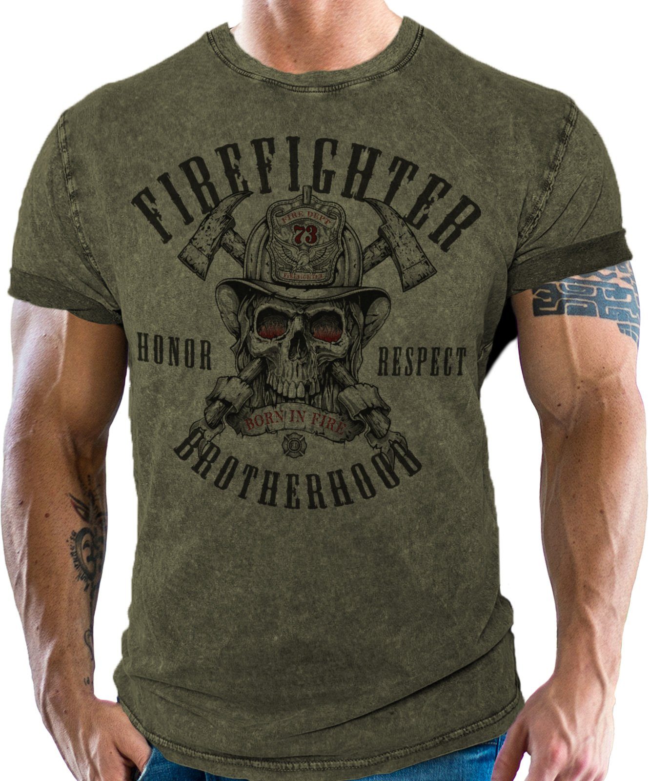 LOBO NEGRO® T-Shirt im used vintage Look für Feuerwehr-Männer - Firefighter Brotherhood used Oliv