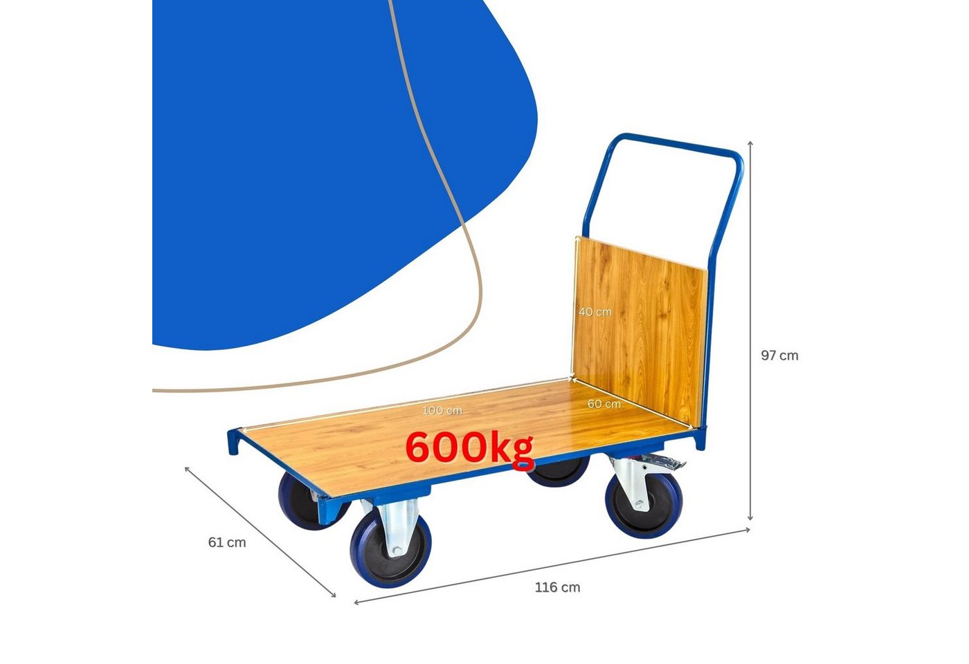 Thumbnail - PROREGAL® Handwagen Transportwagen Pro, HxBxL 97x61x116cm, Traglast 600kg, Blau