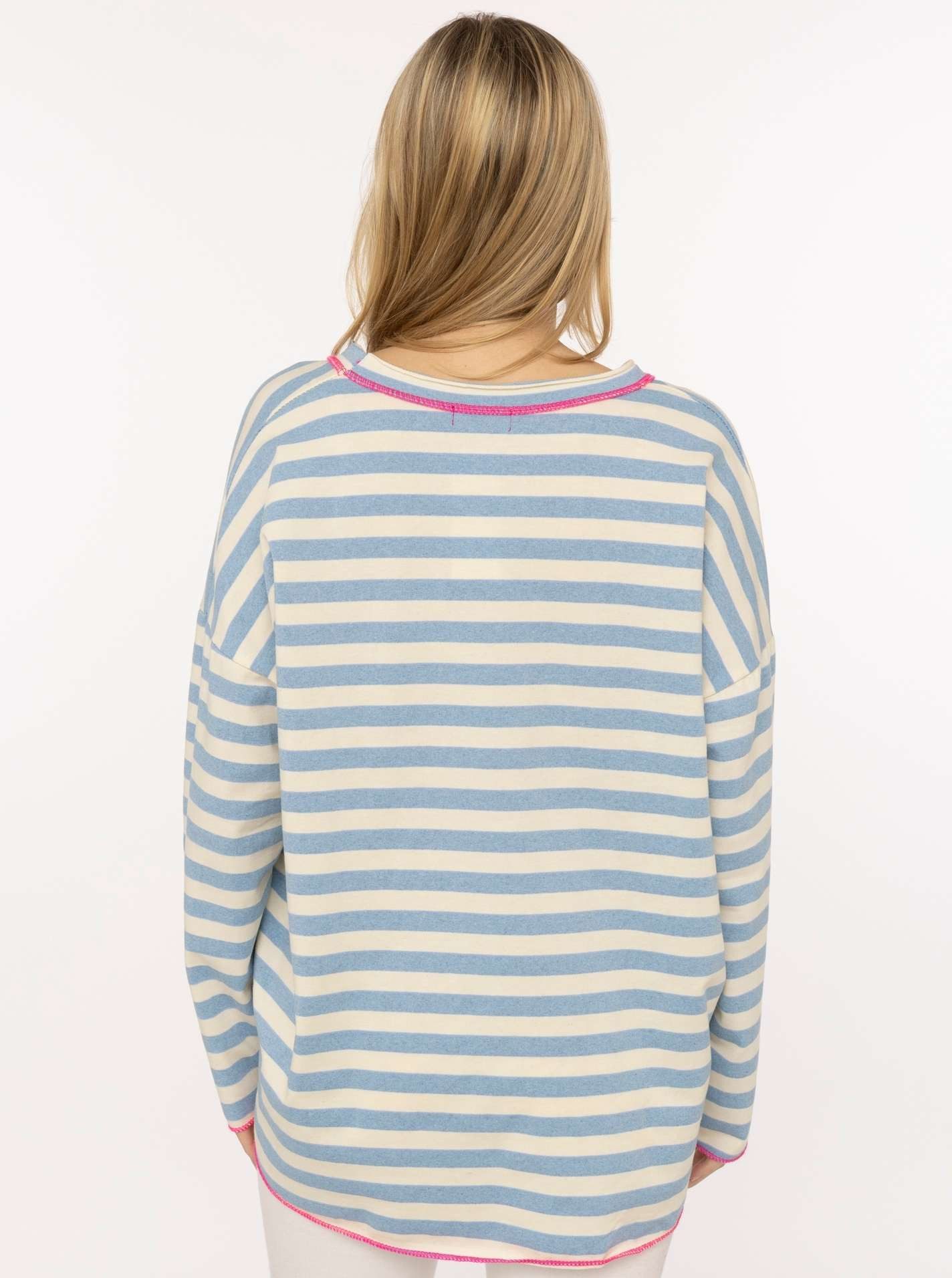 Zwillingsherz Sweatshirt "Neon Streifen" offene Kanten für Used-Look, One-Size, Kontrastnaht, V-Neck