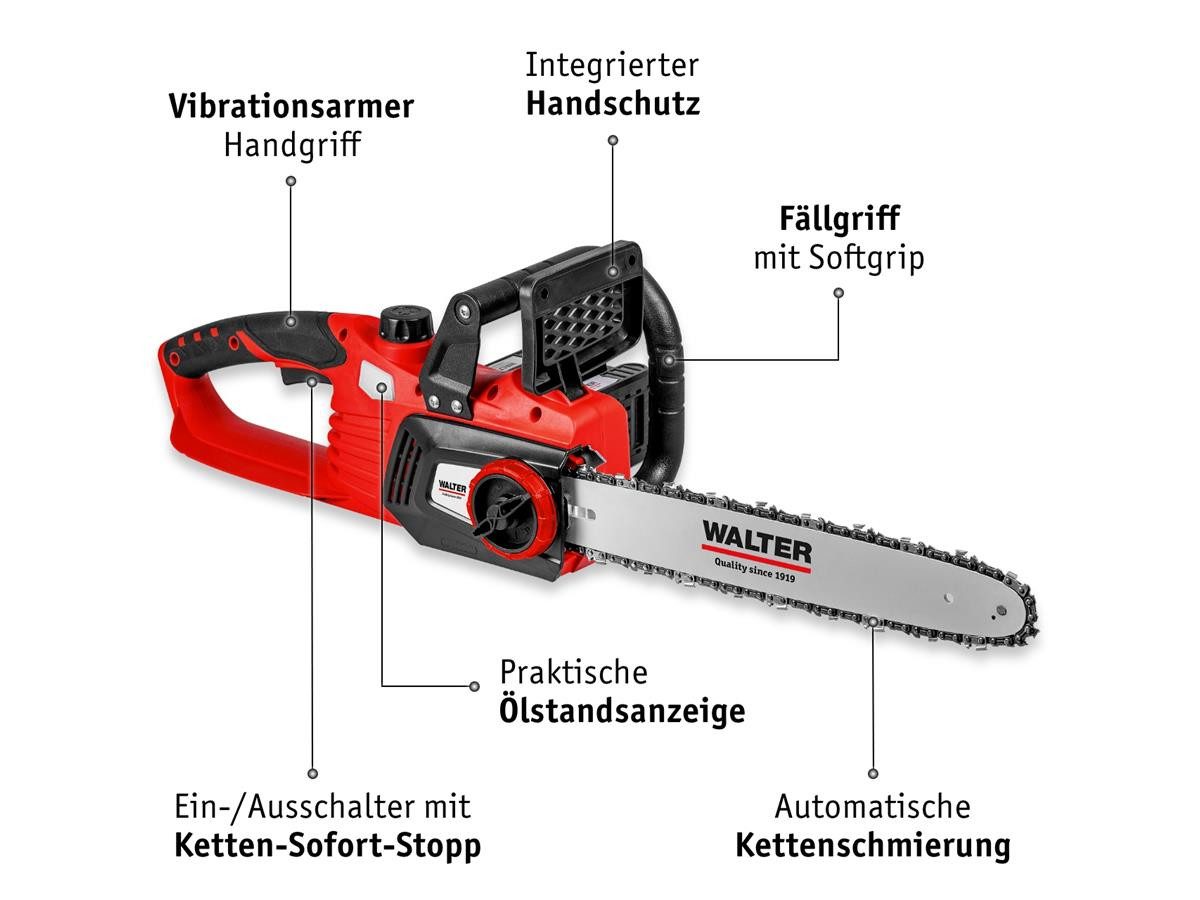 WALTER Akku-Kettensäge 630992, 35 cm Schwertlänge, 7-tlg., inkl. 2x Akku 2 Ah, 2x Ladegerät