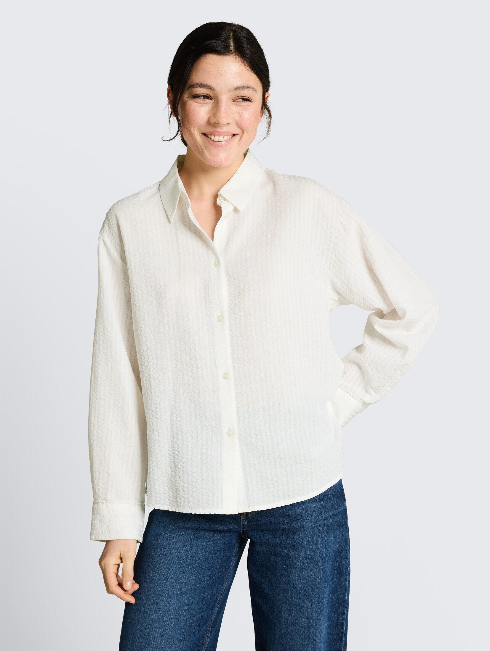 TOM TAILOR Denim Langarmbluse Blusen & Shirts Loose Fit Seersucker Hemdbluse