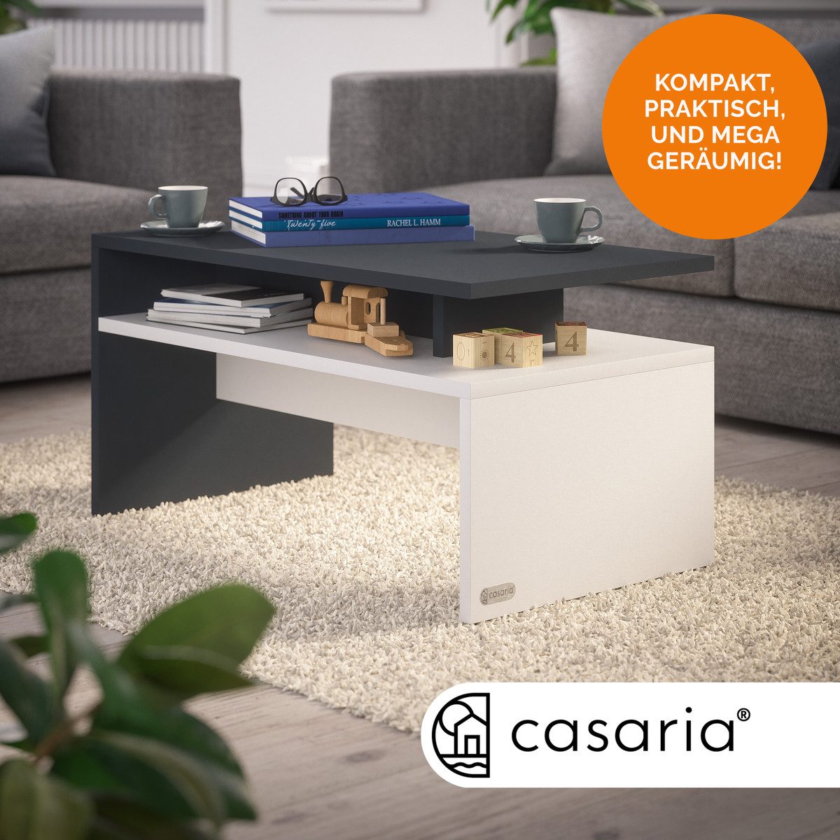 Casaria Couchtisch Sacramento, Holz Weiß Schwarz mit Stauraum 95x55x50cm 2 günstig online kaufen