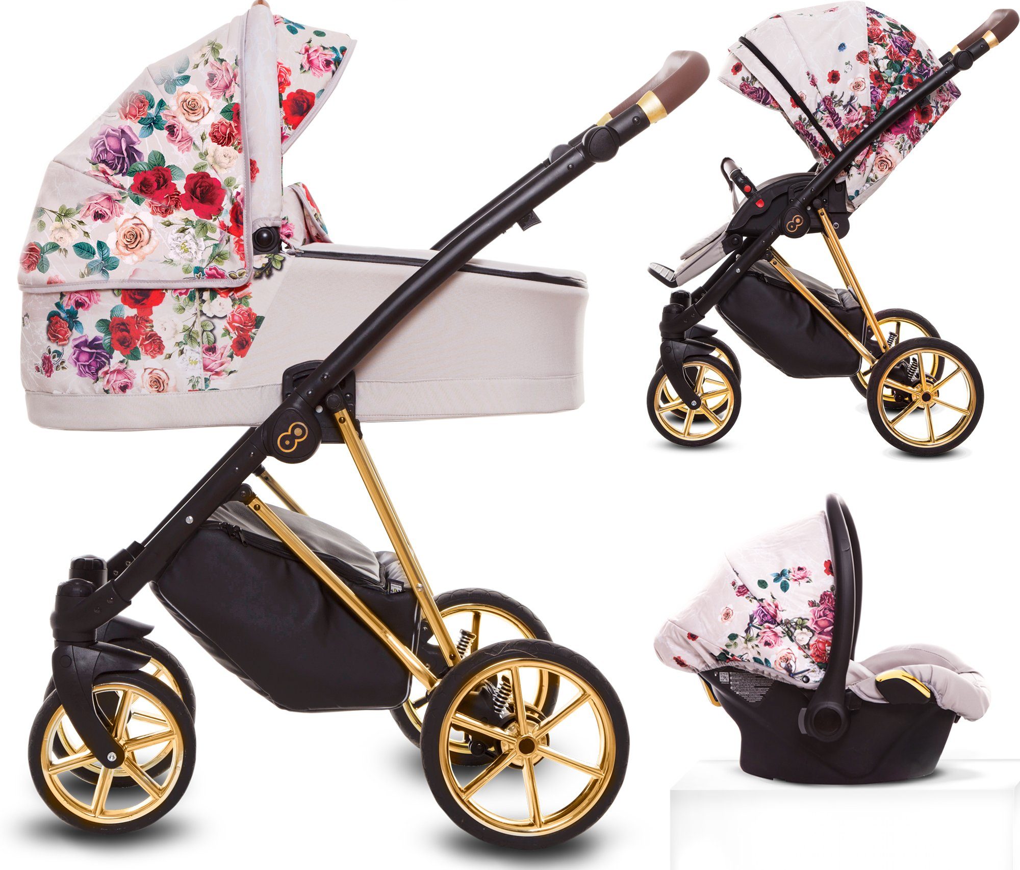 TPFLiving Kombi-Kinderwagen 3 in 1 Musse Light Rose, Baby Buggy Babywanne Autositz Windeltasche, Moskitonetz Regenschutz Kinderwagen Komplettset Gestell Gold