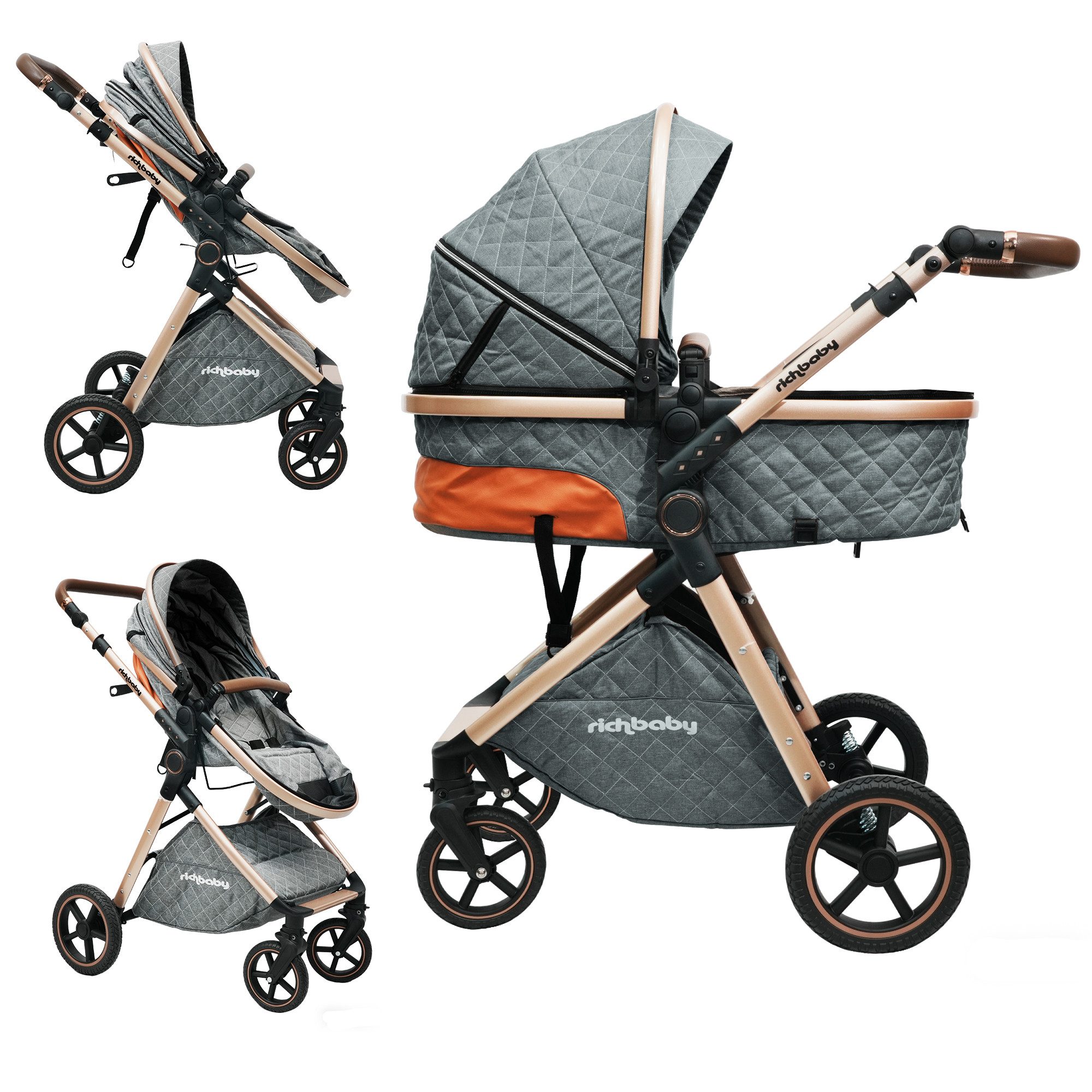 Rich Baby Kombi-Kinderwagen Kombi-Kinderwagen 3-in-1 Set Mit Sportwagen Babywanne & Babyschale, (Verstellbarer Griff + PU-Reifen + Umkehrbarem Liegekorb), Stylischer Buggy Leicht & Kompakt Klappbar Für Stadt & Reise