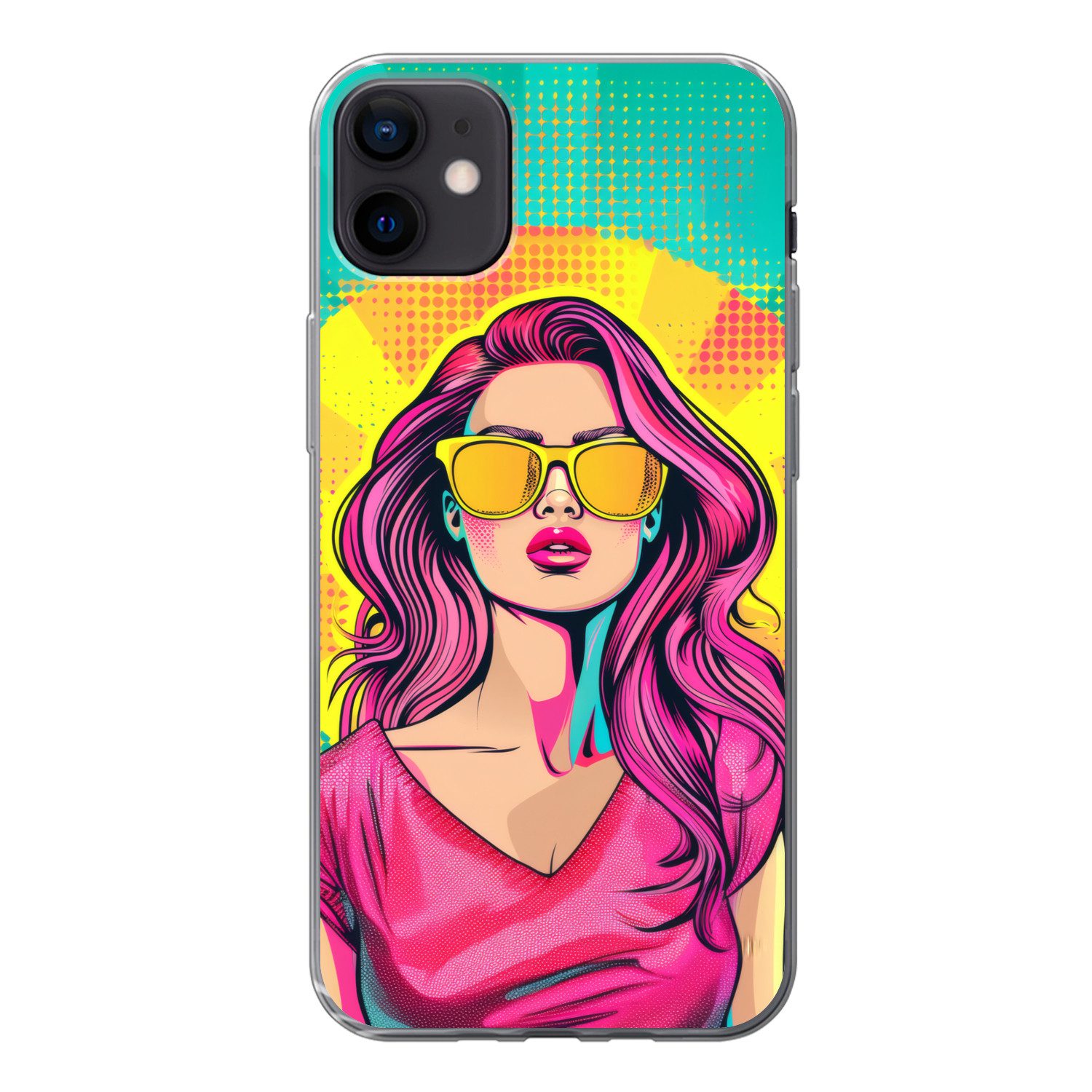 MuchoWow Handyhülle für Apple iPhone 12 Mini Sonnenbrille - Frau - Sonnig - Gelb, Smartphone-Bumper, Print, Handy Schutzhülle Dünn