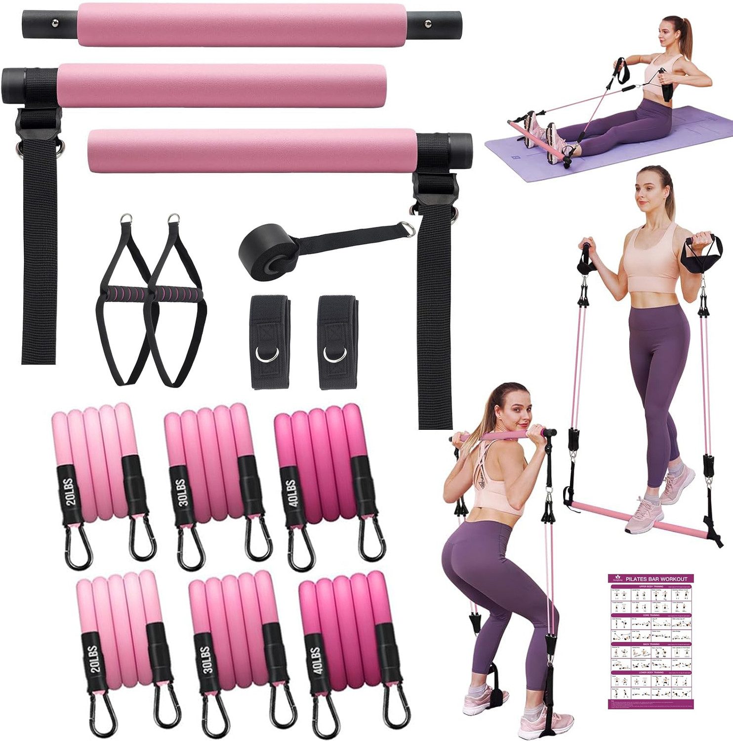SURFOU Trainingsbänder Pilates Bar Set: Fitnessstange mit 6 Bändern für Krafttraining, Yoga, Verstellbare Bänder für Arme, Beine & Hüfte, für Damen & Herren