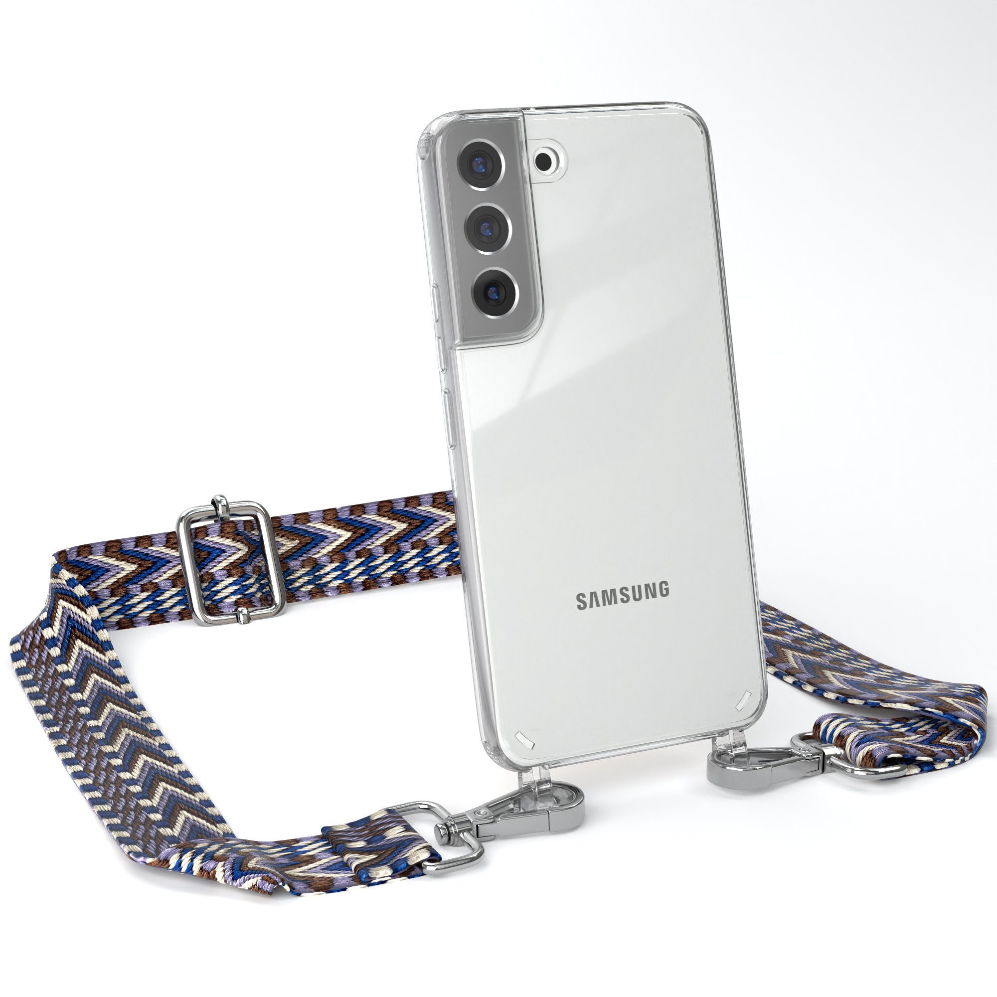 EAZY CASE Handykette Boho Umhängeband für Samsung Galaxy S22 5G 6,1 Zoll, Handyband zum Wechseln geflochtenes Taschenband Festivalbag Boho Blau