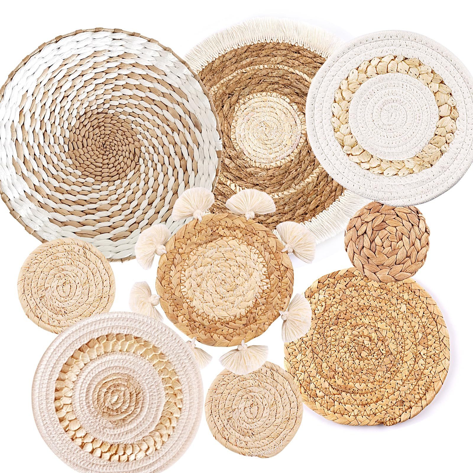 FOUORTUNATE-BEE Wanddekoobjekt 9 Stück Boho-Wandkörbe, Dekoration zum Aufhängen, runde Wandkunst (für Bauernhaus-Wohnzimmer, Schlafzimmer, Küchendekorationen, 9 St)