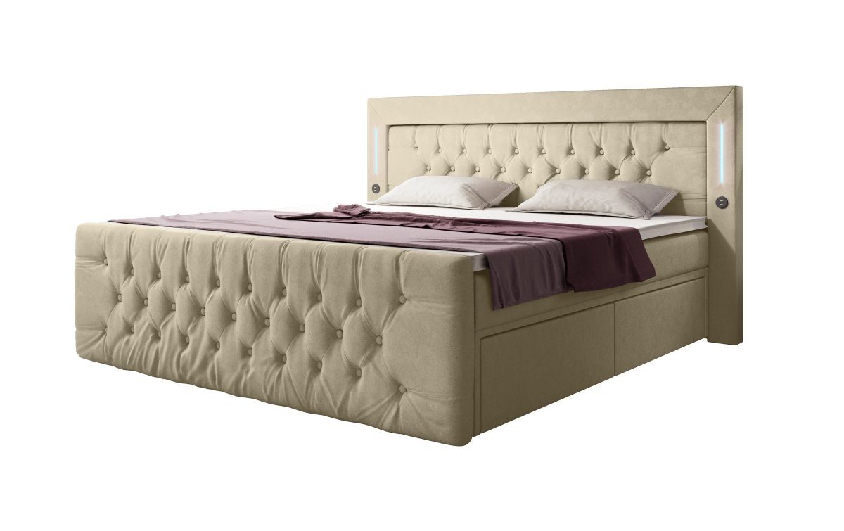 Luxusbetten24 Boxspringbett Charme, mit LED-Beleuchtung, USB-Anschluss und Stauraum
