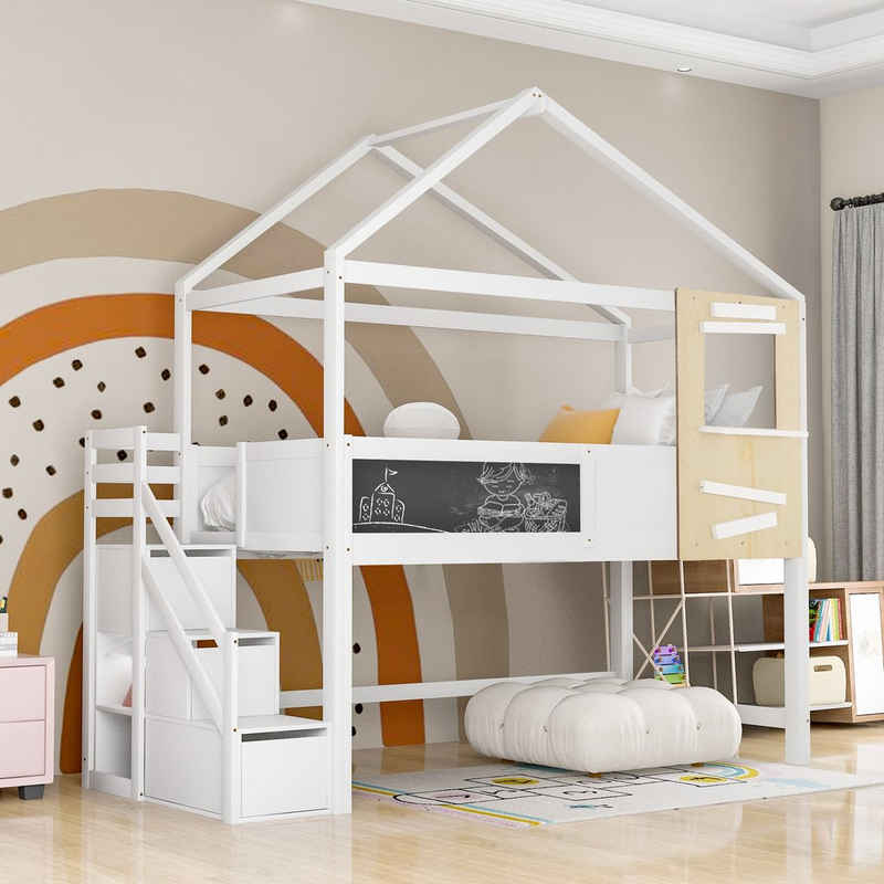 SOFTWEARY Hochbett »Kinderbett« (mit Lattenrost und Schubladen, 90x200 cm) Hausbett aus Kieferholz, Einzelbett mit Rausfallschutz, inkl. Treppe