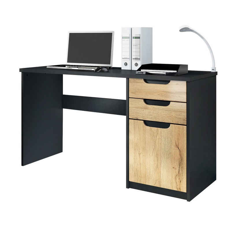 Vladon Schreibtisch Logan (Bürotisch, mit 2 Schubladen und 1 Tür), Schwarz matt/Eiche Natur (129 x 76 x 60 cm)