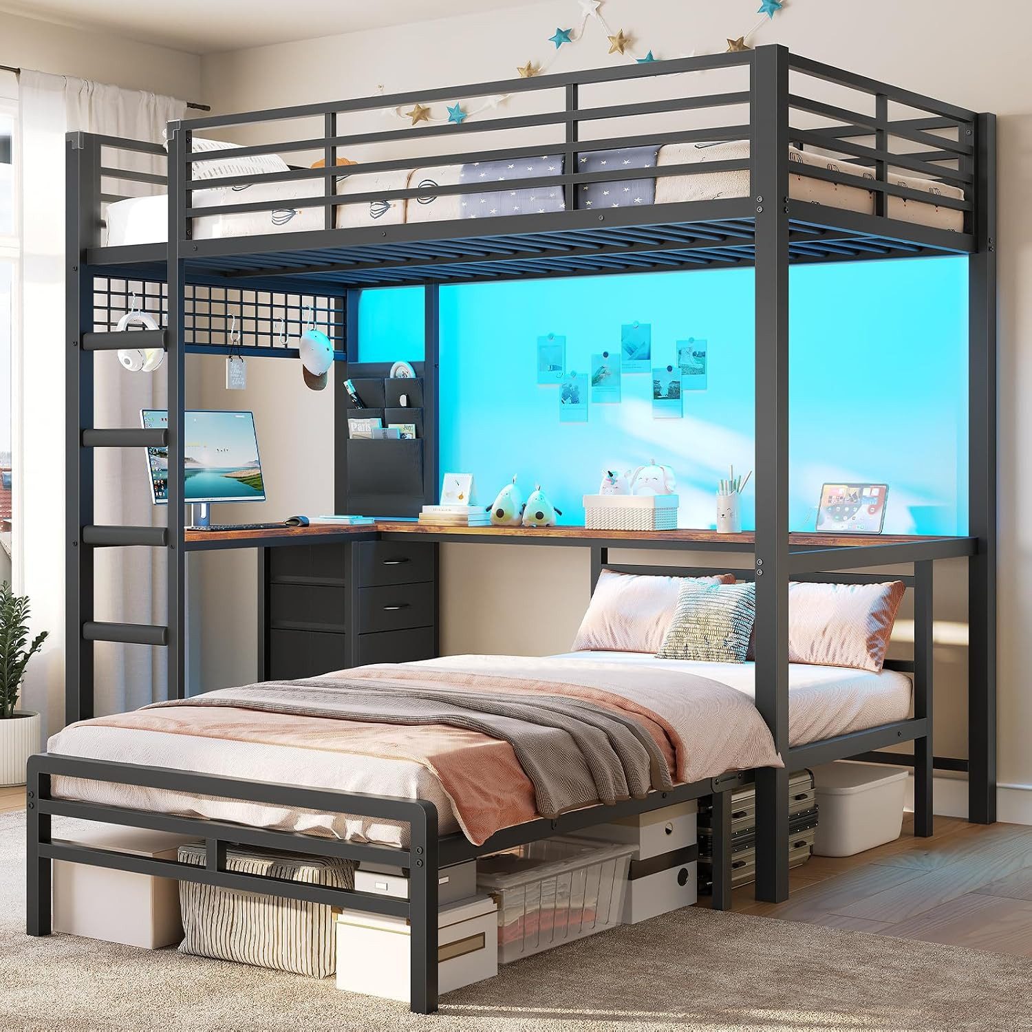MSMASK Etagenbett mit L-förmiger Schreibtisch und LED-Beleuchtung, Hochbett 90x200cm (1-St., Ohne Matratze), Jugendbett mit Ladestation & 3 Stoffschubladen, DIY-Drahtgitter