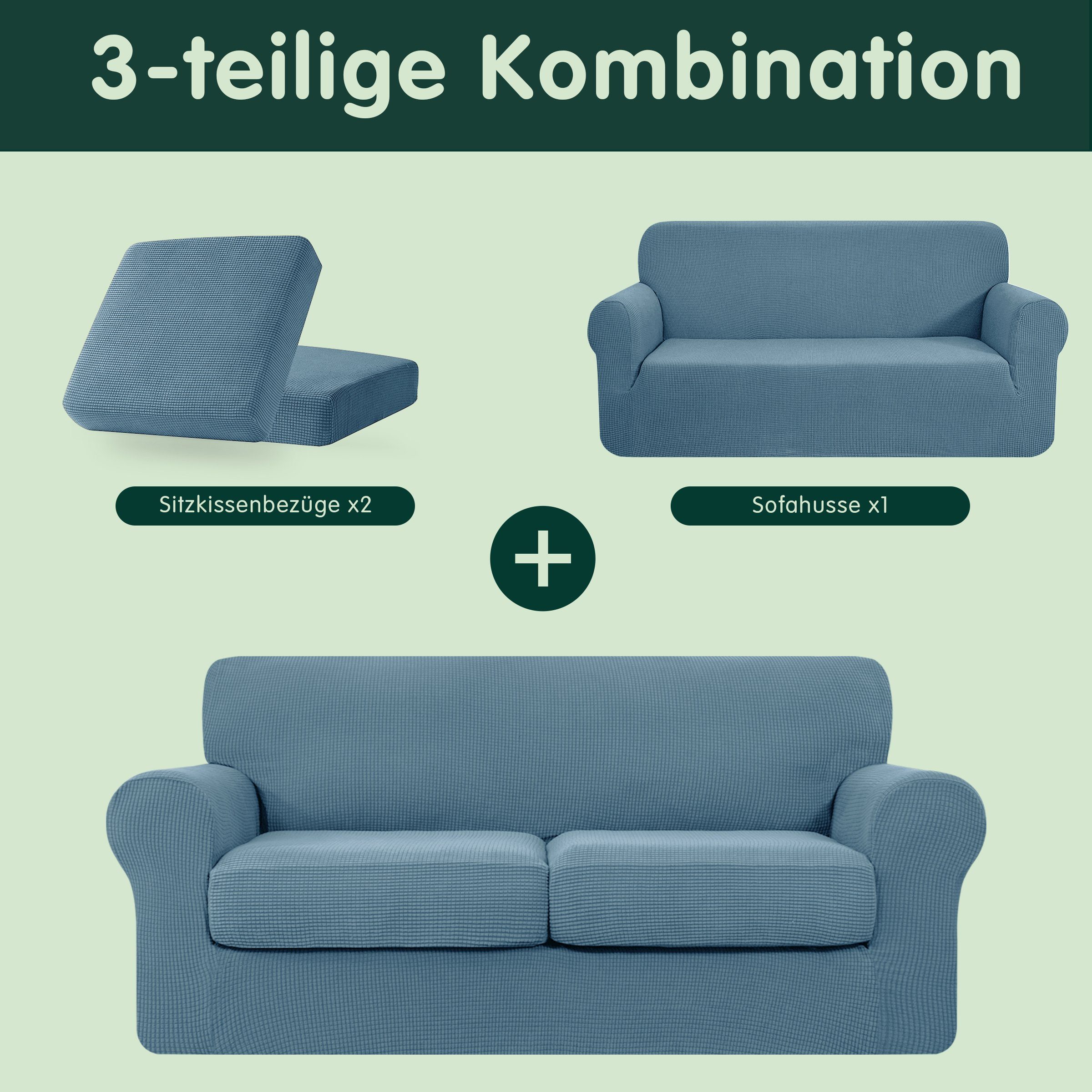 mit mit 2/3 CHUNYI Sofahusse separaten Hellblau leichtem Struktur-Effekt, mit separaten Sofabezug Sitzer Sofakissenbezügen, CHUNYI, Sofakissenbezügen