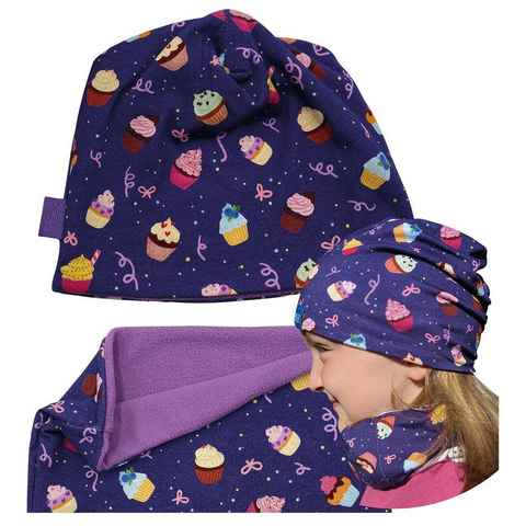 HECKBO Beanie HECKBO Kuchen Cookies Kinder Mädchen Beanie Mütze & Loop-Schal Set - Wendemütze oder Wintermütze mit Fleece Vlies - 2-8 Jahre - 95% Baumwolle - weiches & pflegeleichtes Material Frühling Herbst Winter