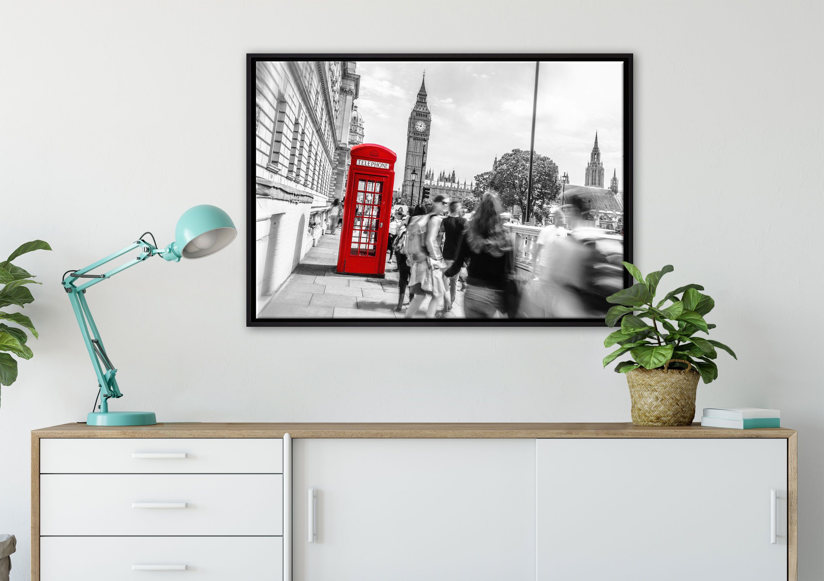 Pixxprint Leinwandbild Typische Telefonzelle inkl. gefasst, Zackenaufhänger fertig Wanddekoration Schattenfugen-Bilderrahmen in einem Leinwandbild (1 London, in bespannt, St)