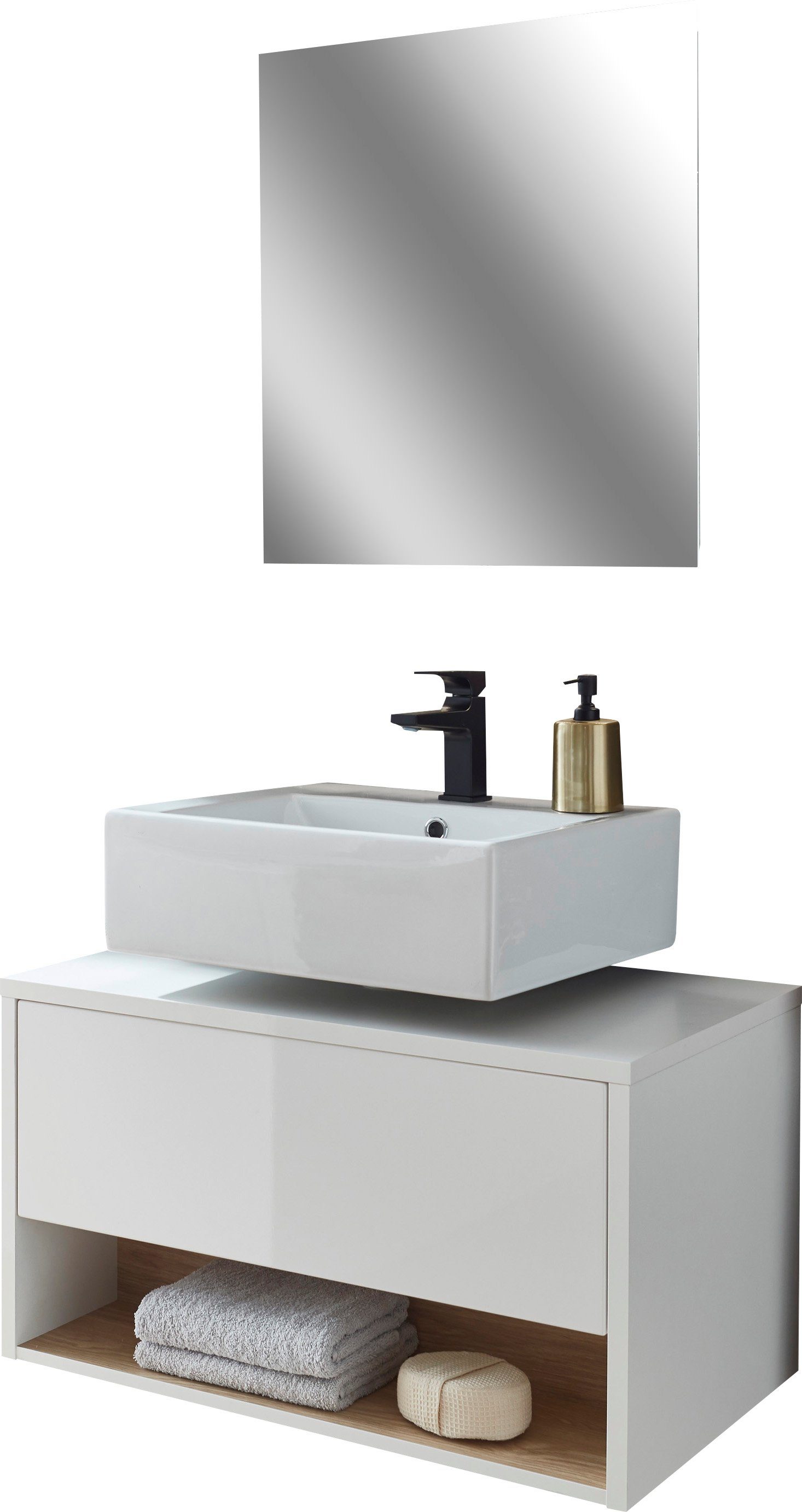 Home affaire Badmöbel-Set Studio Line, Bad im modernen Design, 2-teiliges Badezimmer, (2-St), Unterschrank und Spiegel, in zwei Farben verfügbar, viel Stauraum