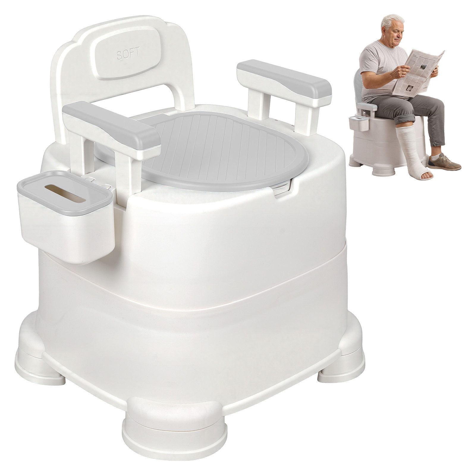 Rutaqian Toiletten-Stuhl Mobiler Nachttisch-Toilettenstuhl für Senioren,Höhenverstellbar, Campingtoilette mit Eimer,Aufbewahrungsbox,Tragbare Duschstuhl