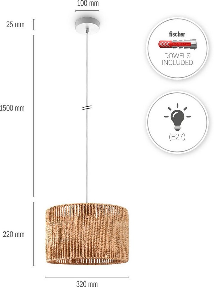 Paco Home Pendelleuchte Hugo Buena, ohne Leuchtmittel, Wohnzimmer Esszimmer  Rattan Optik Boho Lampenschirm Papier