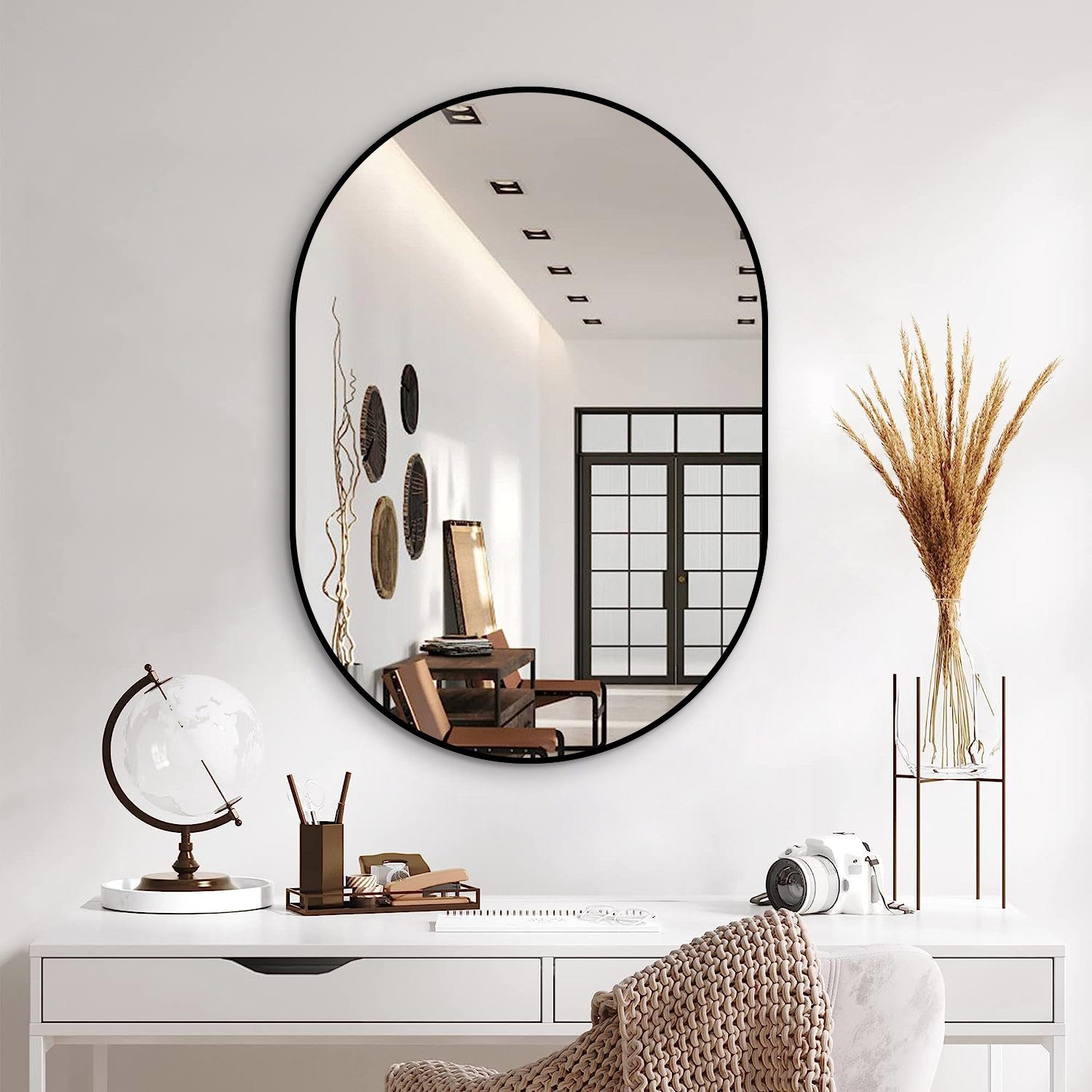 Boromal Spiegel Flur Rund 80 cm Wandspiegel Schwarz 50x80cm mit Alu Rahmen  (Flurspiegel Rundbogen, 5mm HD spiegel, explosionsgeschützt), für  Schlafzimmer, Badezimmer, Wohnzimmer | Wandspiegel
