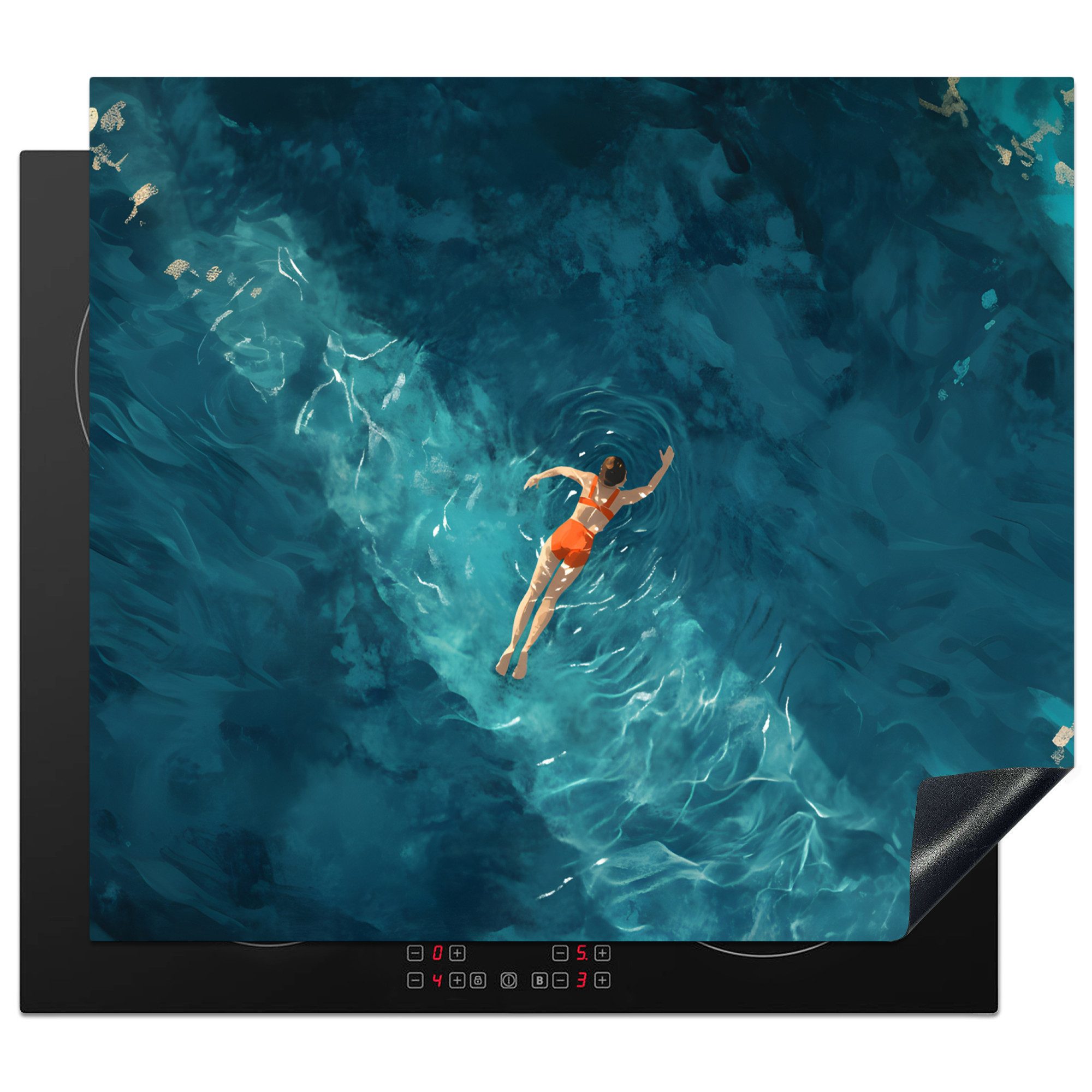 MuchoWow Herd-Abdeckplatte Frau - Wasser - Bikini - Orange, Vinyl, (1 tlg), Cerankochfeld Abdeckung, Herd Abdeckplatten Vinyl, 58x51 cm