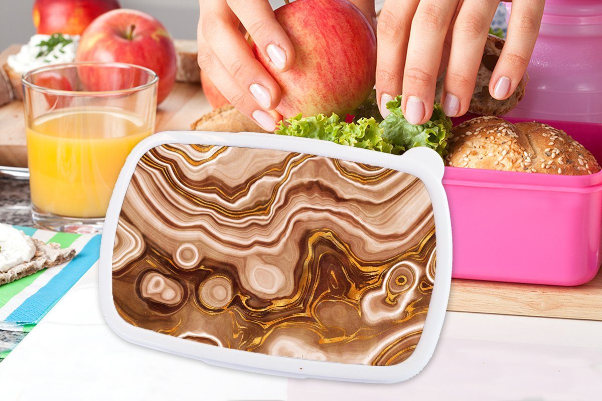 Kunststoff, Braun, Snackbox, - Mädchen, - Erwachsene, Brotbox rosa Achat-Geode MuchoWow Gold Kunststoff Brotdose Lunchbox Kinder, für Steine (2-tlg), -