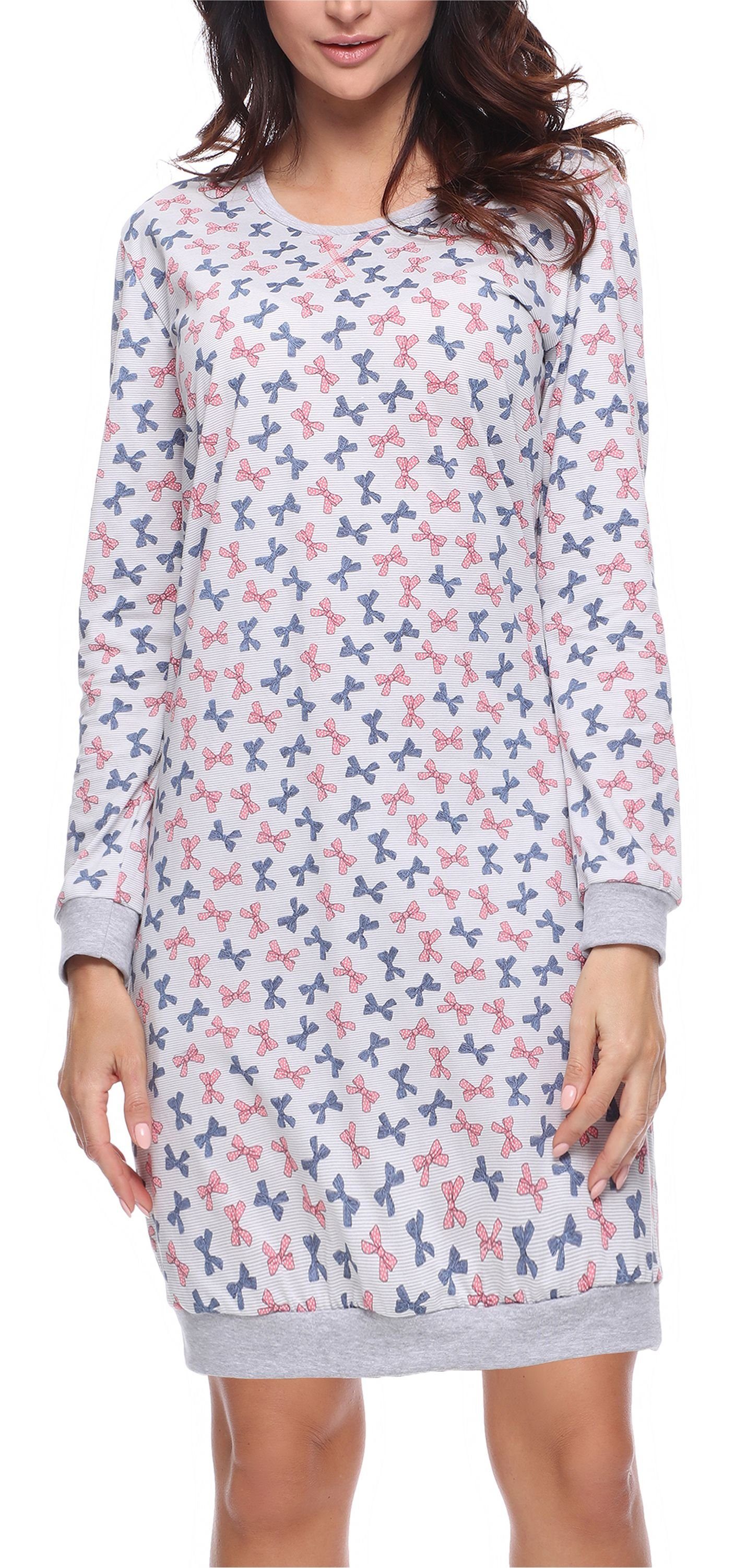 Merry Style Nachthemd Damen Nachthemd Langarm aus Baumwolle MS10-180 (1-tlg) Melange Schleife