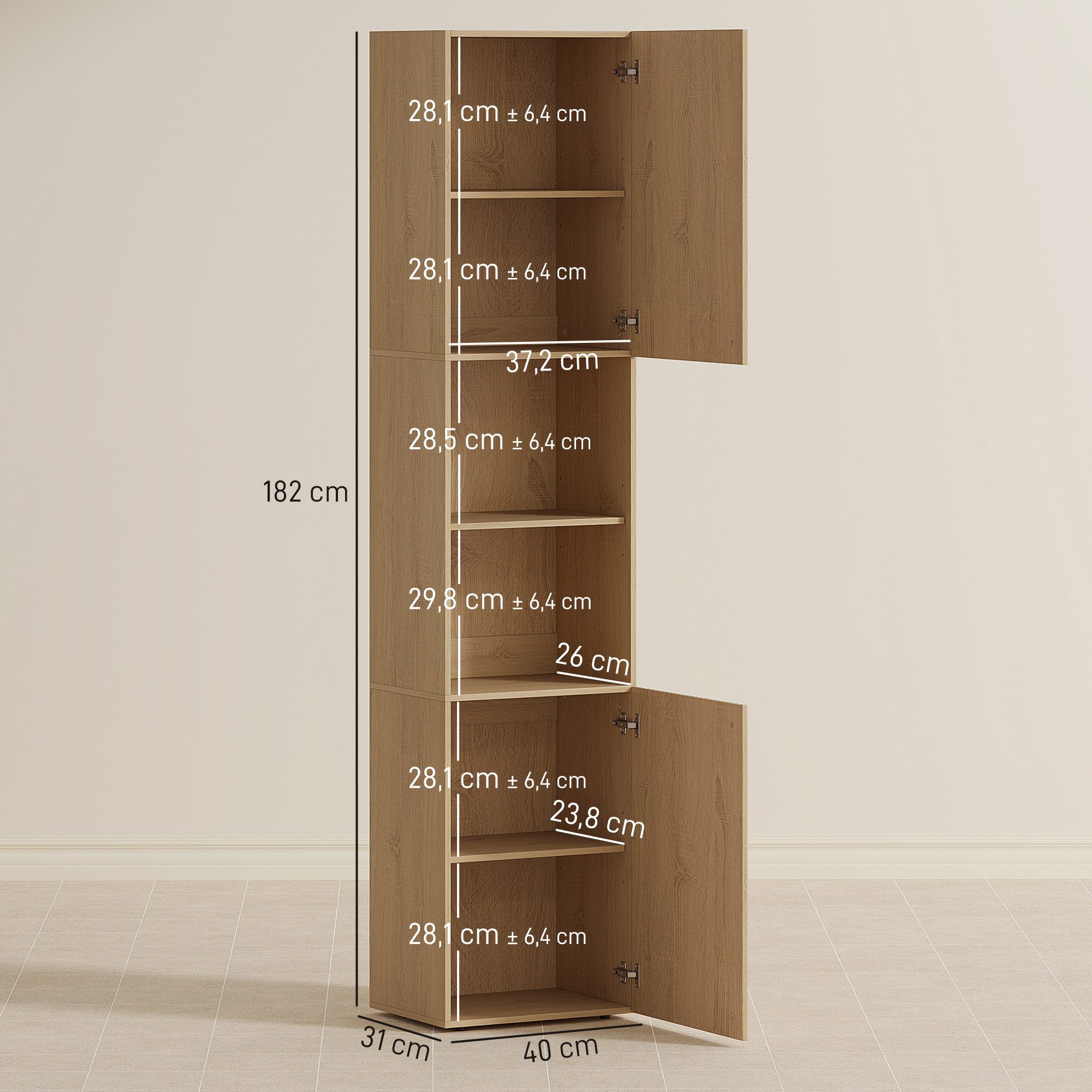 HOMCOM Badkommode mit 2 Schränke, 2 offene Regale (Badschrank, 1 St., Hochschrank), für Badezimmer, Eiche